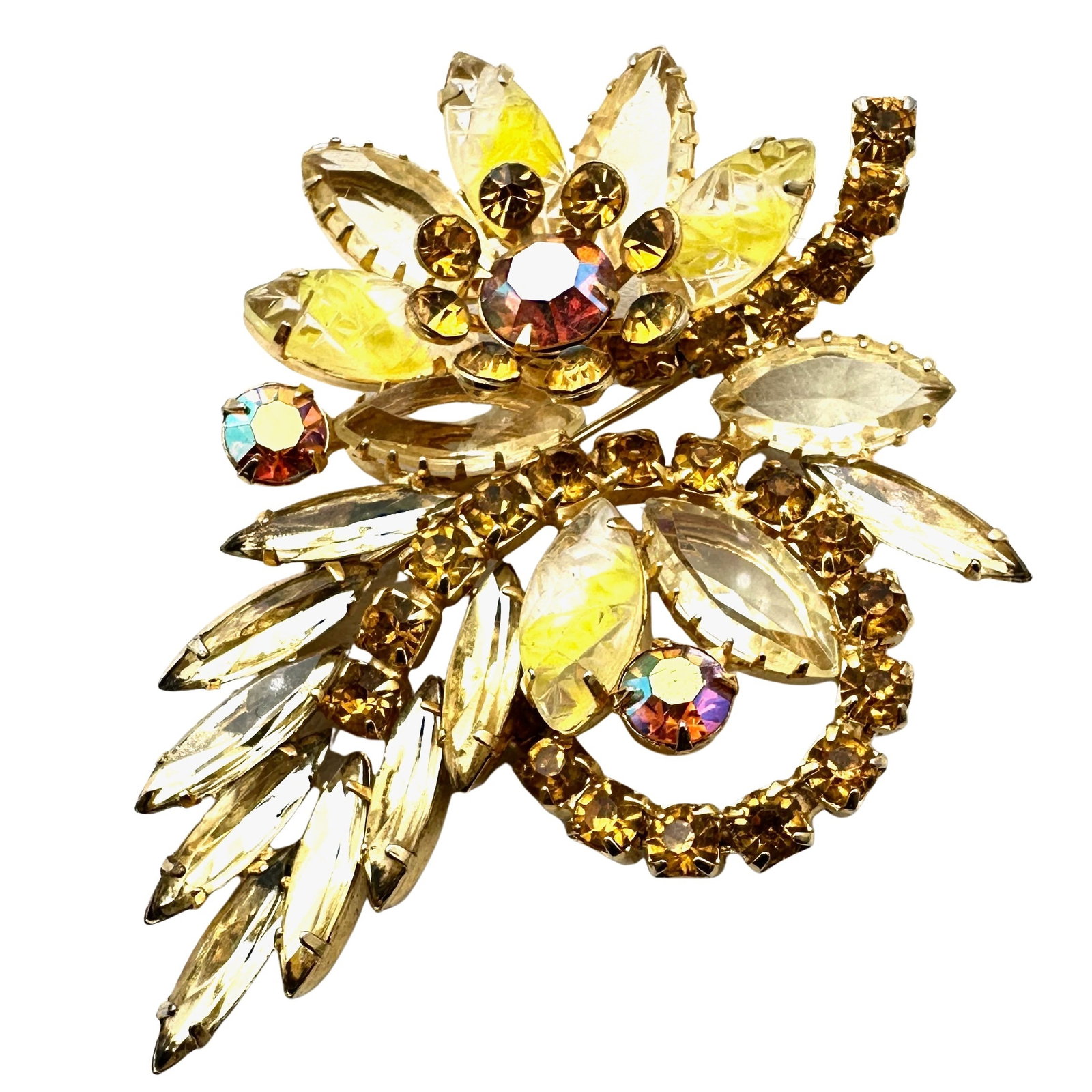 Vintage Juliana Yellow Givre Glass Rhinestone Orange Gold Tone Brooch Pin 2.5 Inch: Vintage Juliana Yellow Givre Glass Rhinestone Orange Gold Tone Brooch Pin 2.5 Inch
