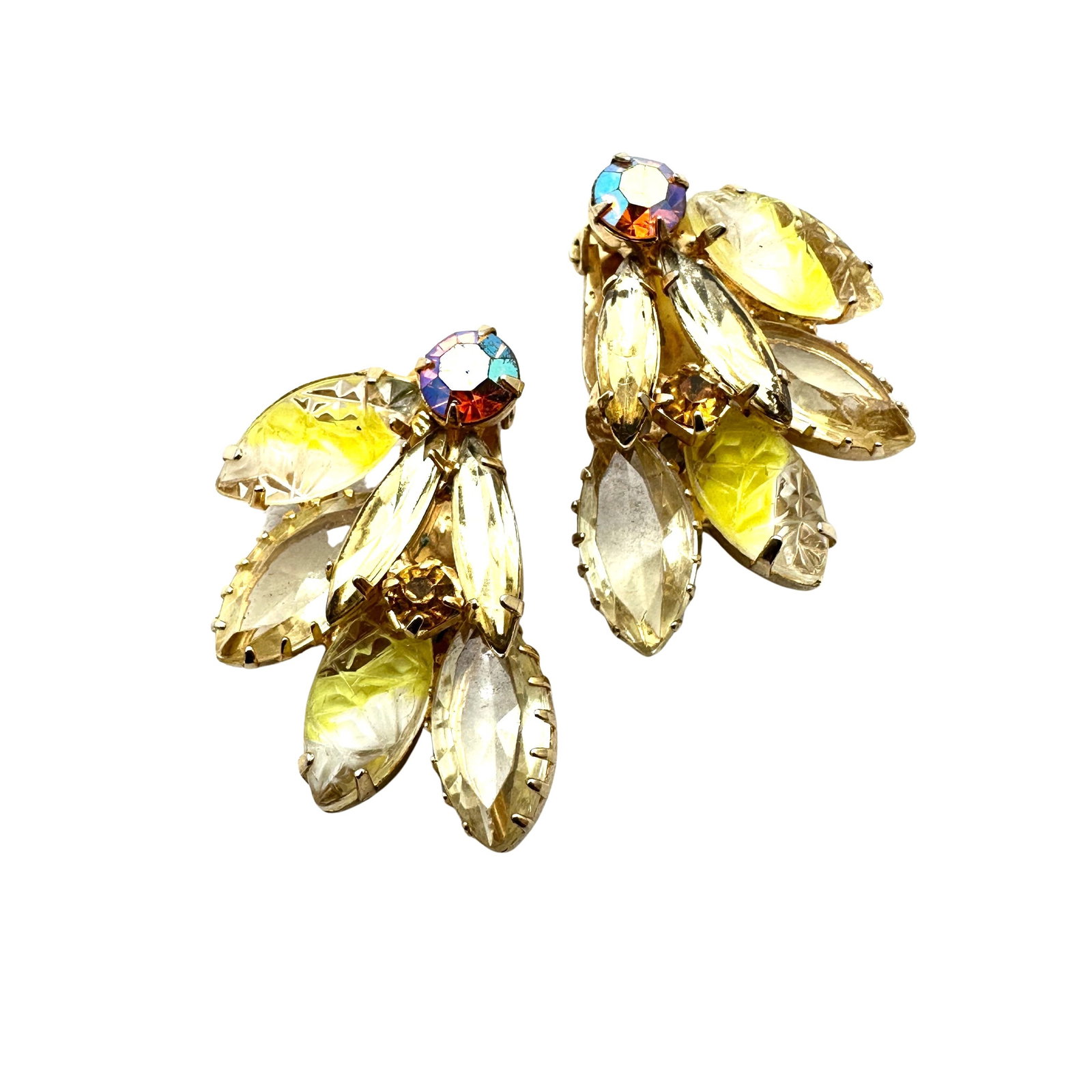 Vintage Juliana Yellow Givre Glass Rhinestone Orange Gold Tone Clip Earrings 1.25 Inch: Vintage Juliana Yellow Givre Glass Rhinestone Orange Gold Tone Clip Earrings 1.25 Inch