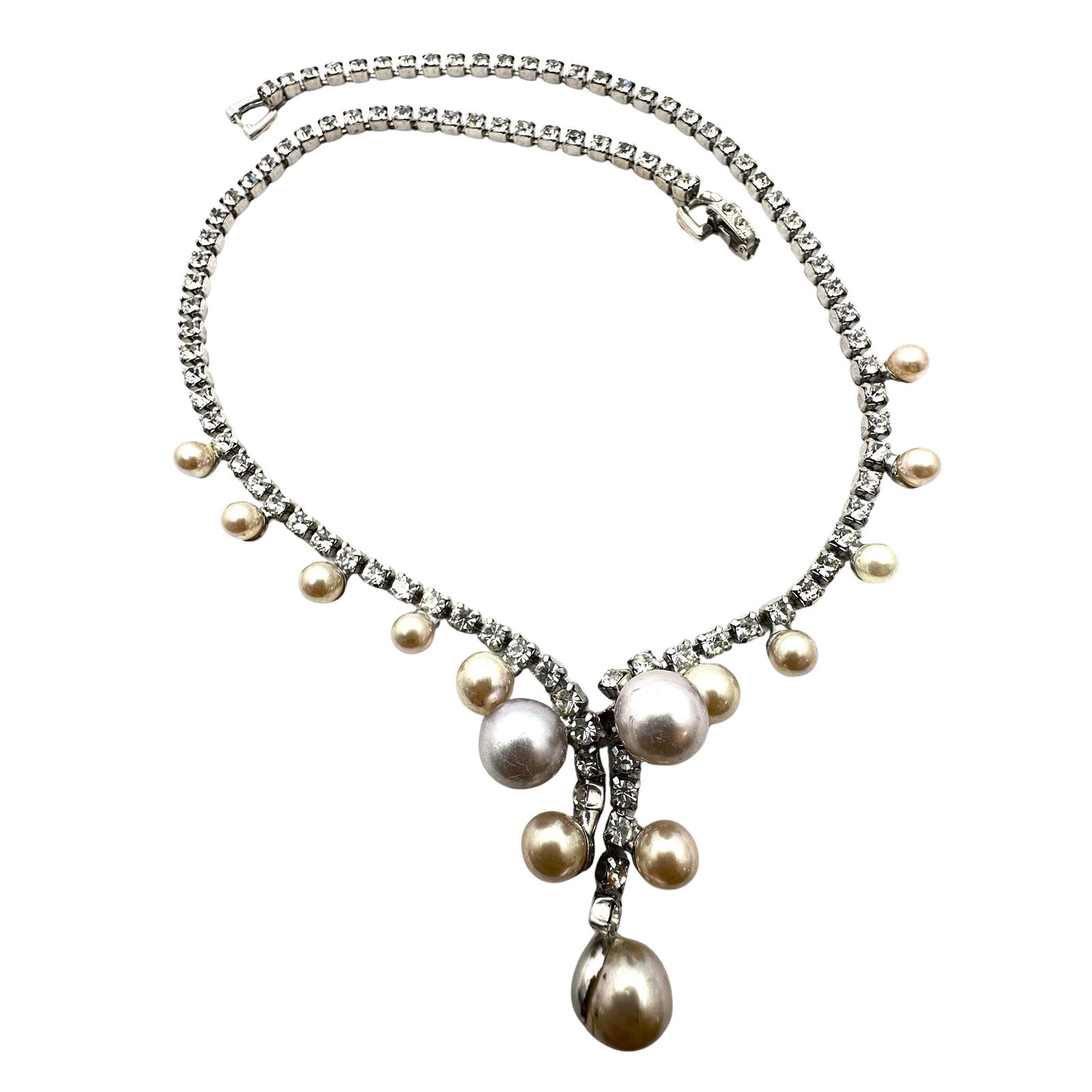 Vintage Faux Pearl Clear Rhinestone Silver Tone Necklace 16 Inch (1 of 2)