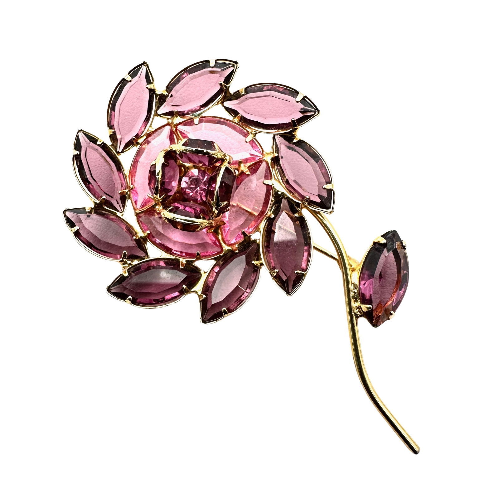 Vintage Pink Purple Glass Rhinestone Gold Tone Flower Brooch Pin 3 Inch (1 of 2)