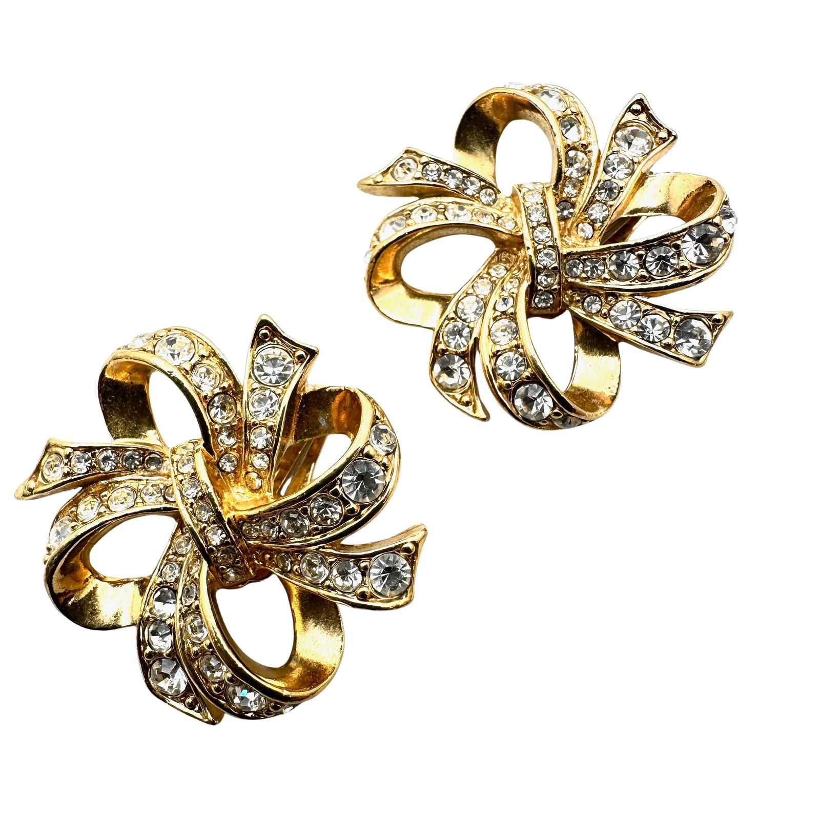 Vintage KJL for Avon Clear Rhinestone Gold Tone Bow Clip Earrings 1.5 Inch (1 of 2)