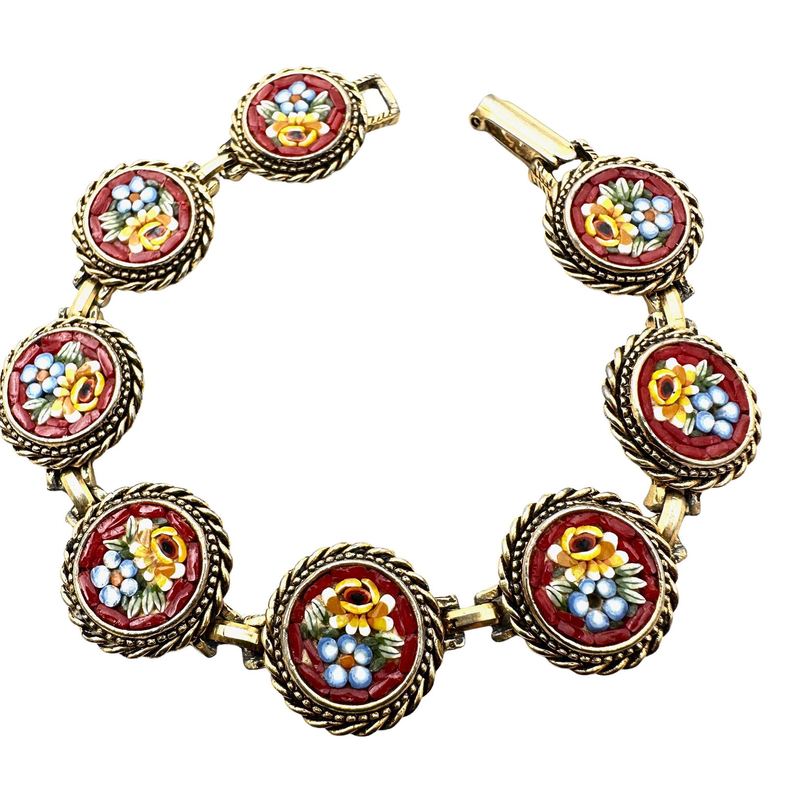 Vintage Italian Micro Mosaic Flower Design Gold Tone Bracelet 7 Inch Length (1 of 2)