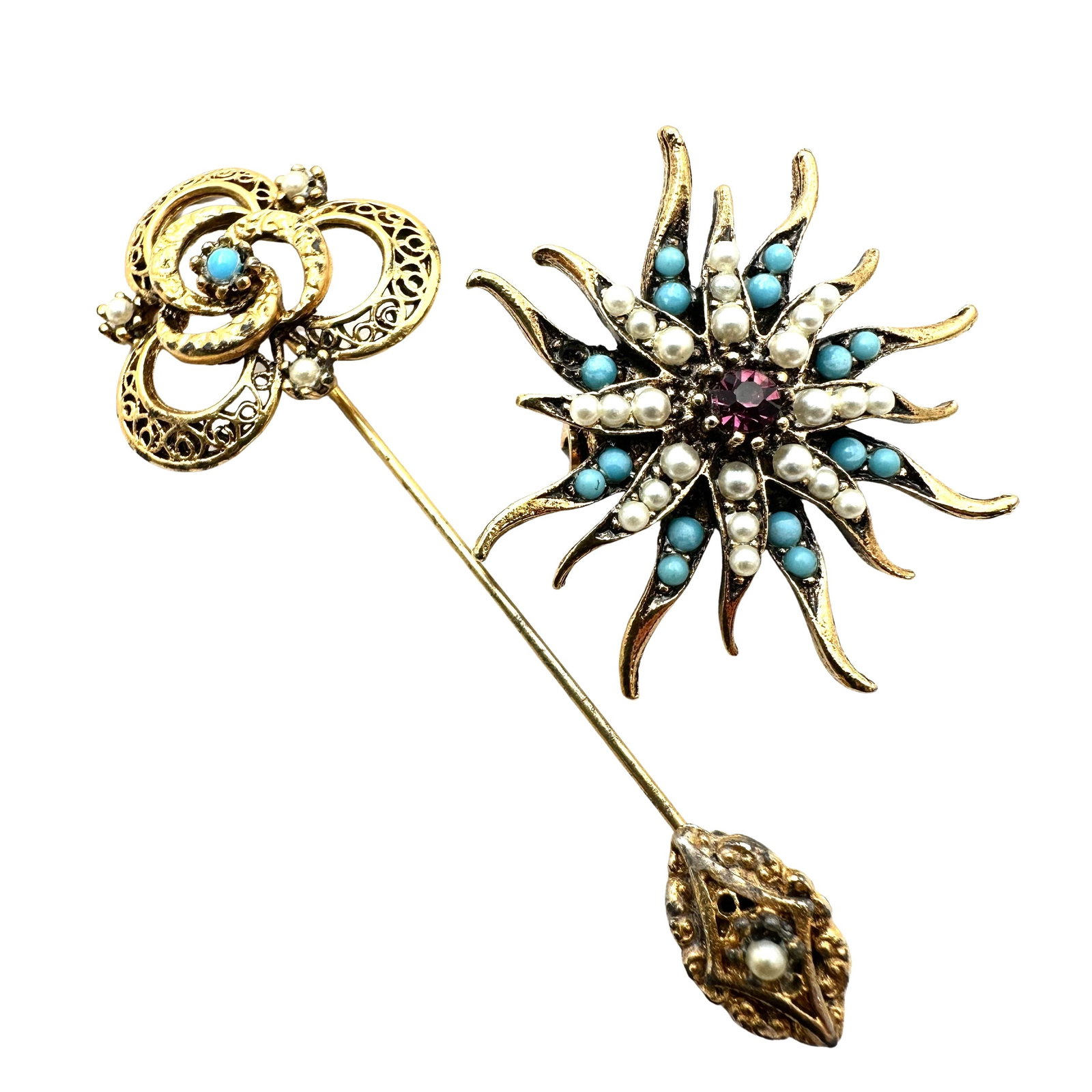 Vintage Group Lot of Faux Turquoise Purple Rhinestone Pearl Gold Tone Brooch Pins: Vintage Group Lot of Faux Turquoise Purple Rhinestone Pearl Gold Tone Brooch Pins