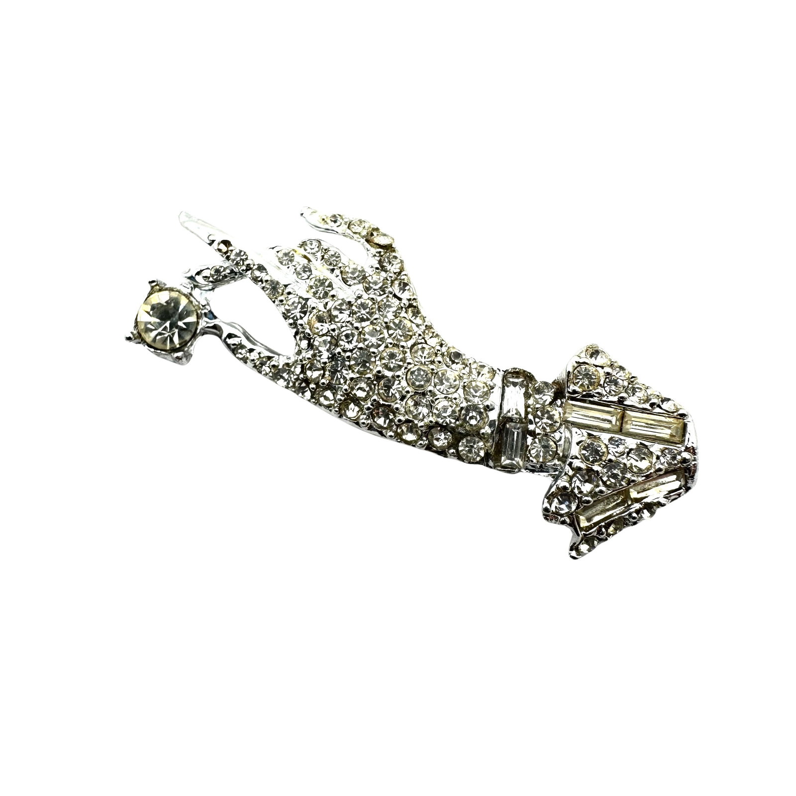 Vintage 1940s Era Clear Glass Rhinestone Silver Pot Metal Ladies Hand Brooch Pin 2.25 Inch: Vintage 1940s Era Clear Glass Rhinestone Silver Pot Metal Ladies Hand Brooch Pin 2.25 Inch