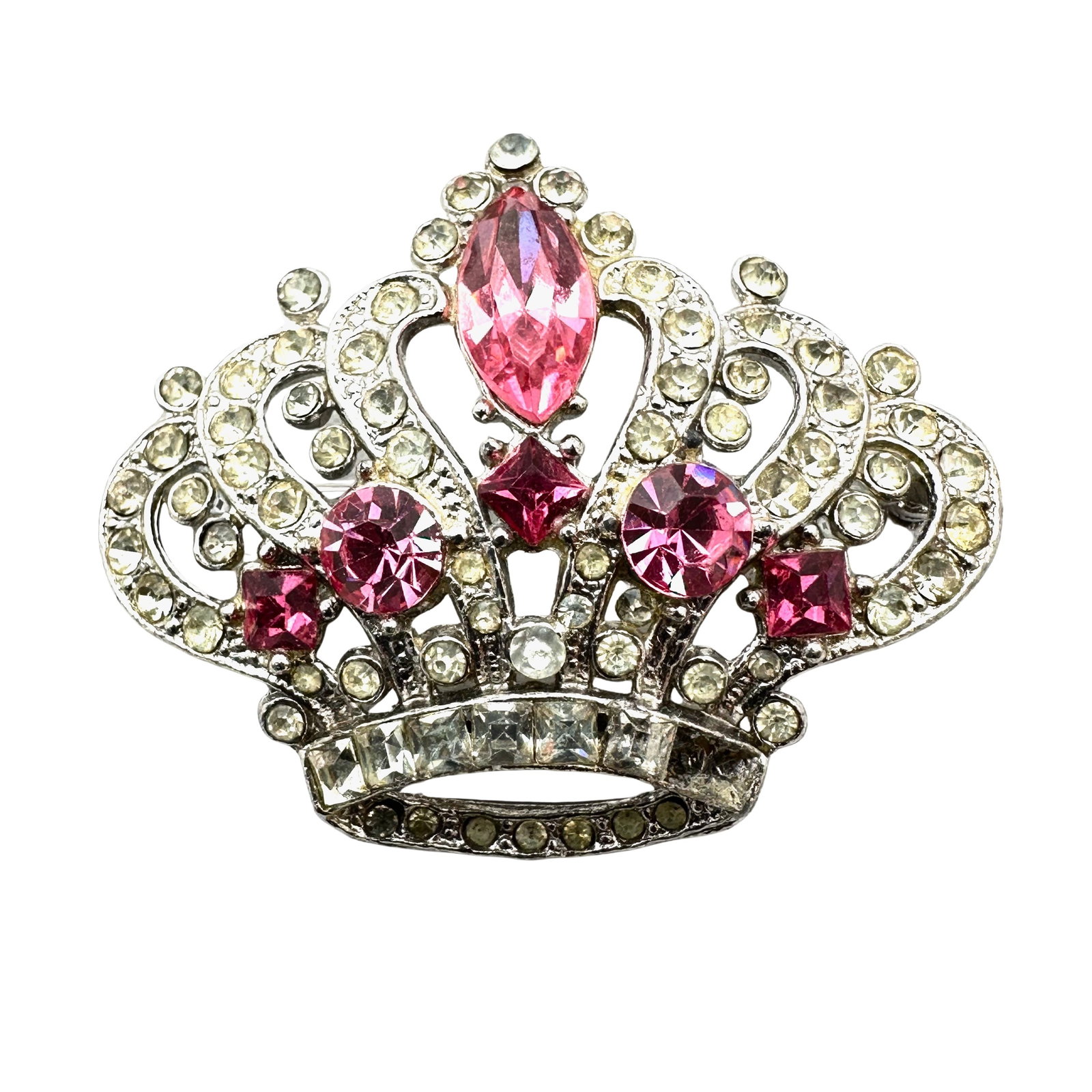 Vintage 1940s Era Pink Glass Rhinestone Silver Pot Metal Crown Brooch Pin 2 Inch: Vintage 1940s Era Pink Glass Rhinestone Silver Pot Metal Crown Brooch Pin 2 Inch