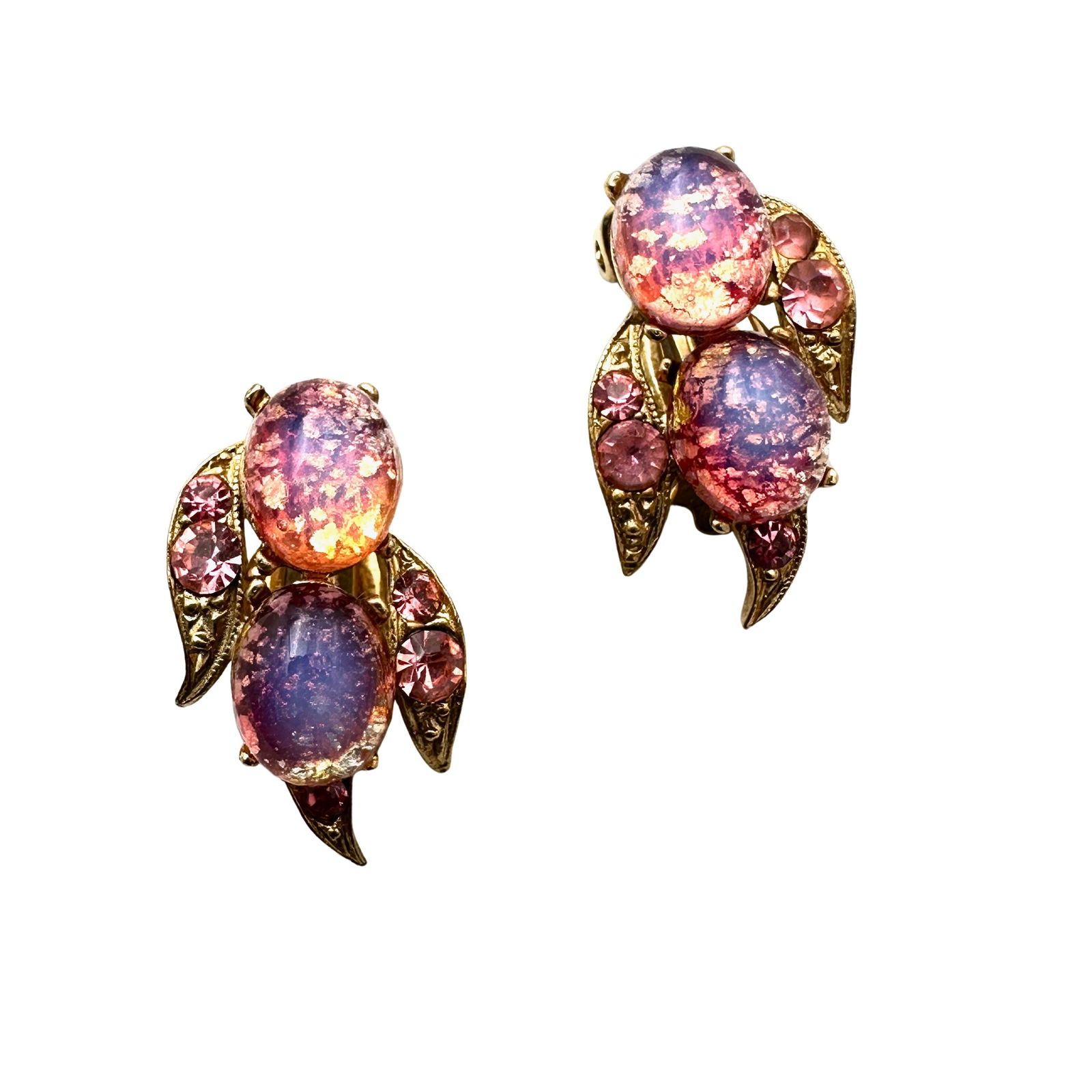 Vintage Pink Jelly Opal Glass Cabochon Rhinestone Gold Tone Clip Earrings 1 Inch: Vintage Pink Jelly Opal Glass Cabochon Rhinestone Gold Tone Clip Earrings 1 Inch