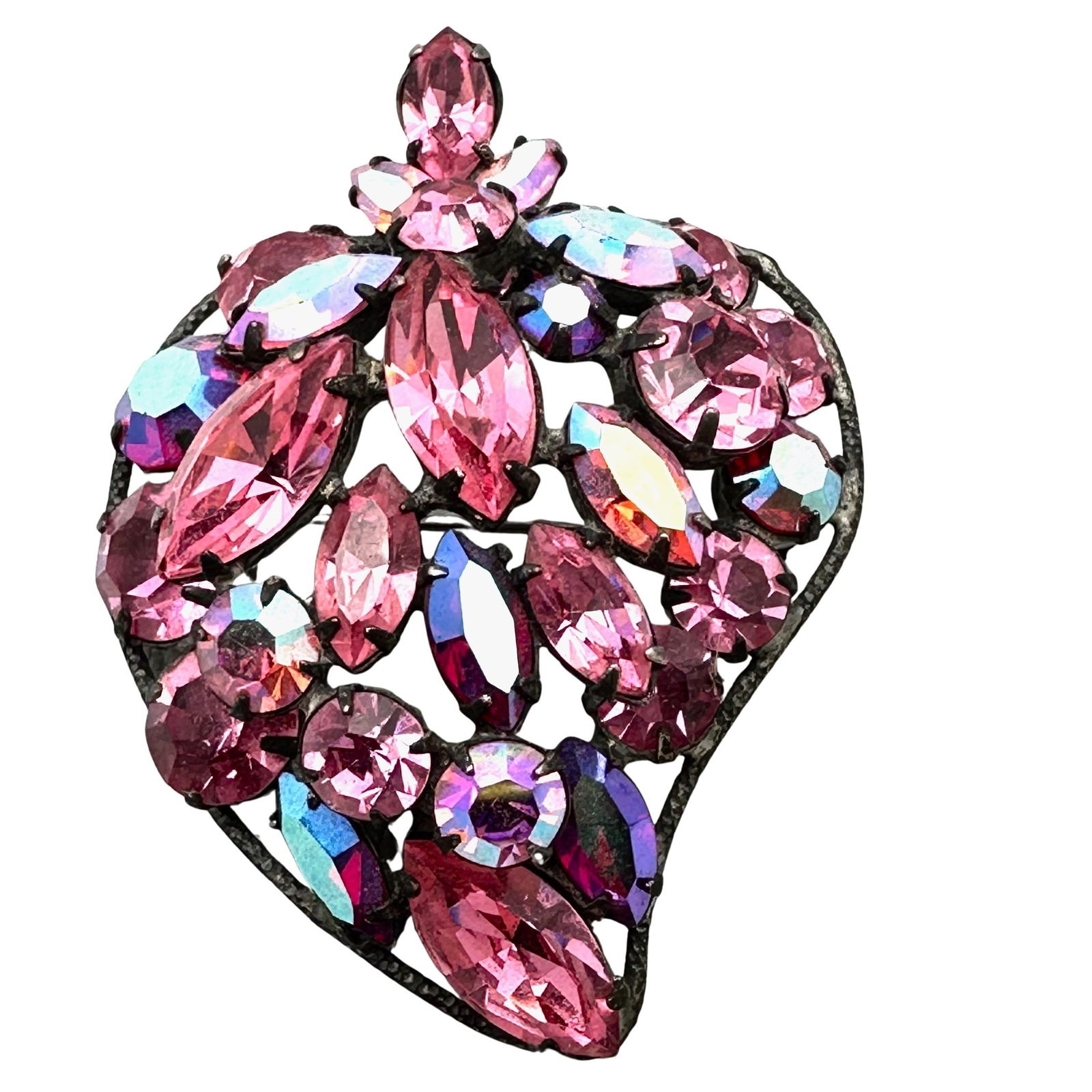 Vintage Regency Pink Glass Rhinestone Silver Tone Brooch Pin 2.5 Inch (1 of 2)