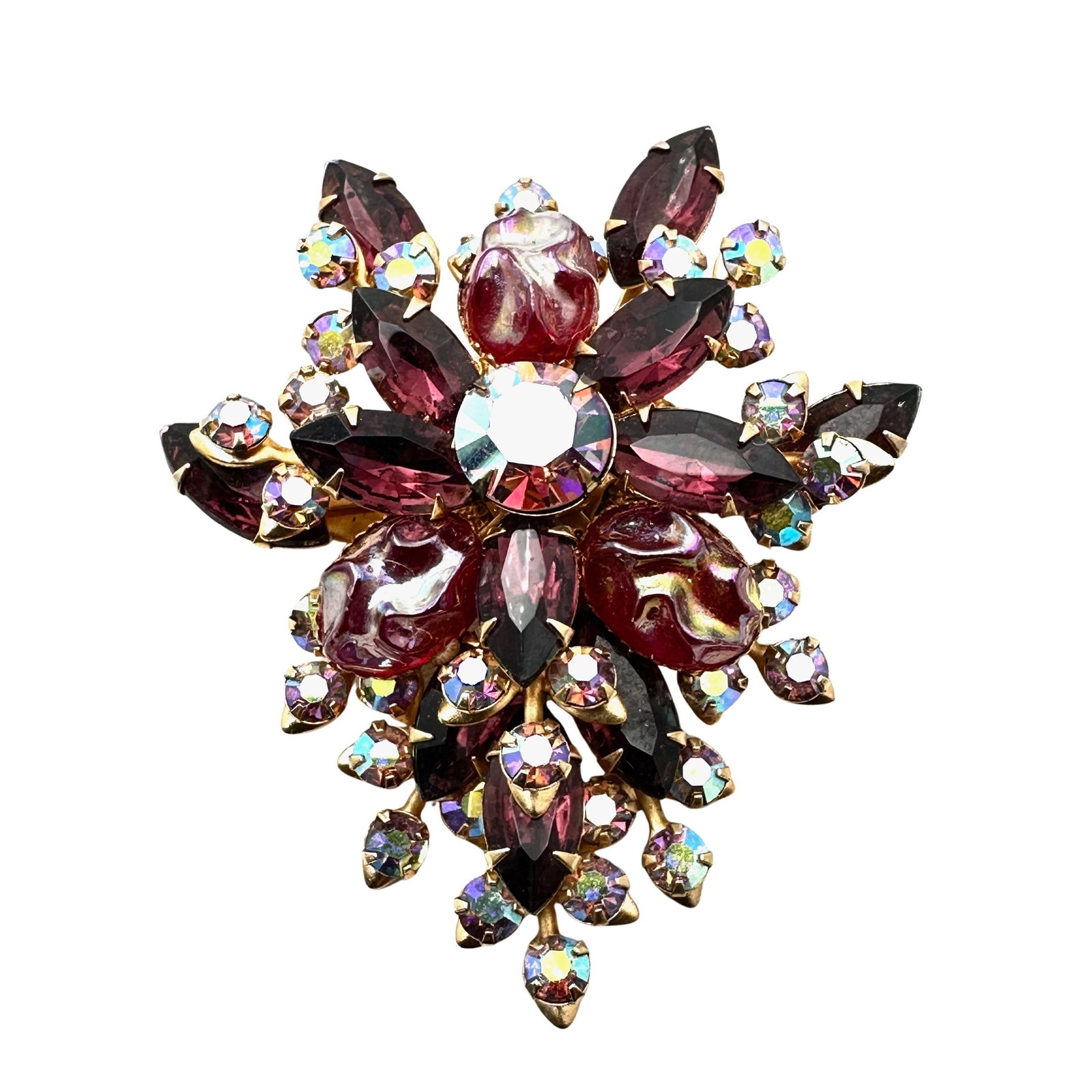 Vintage Purple Glass Rhinestone Gold Tone Brooch Pin Beau Jewels or Judy Lee 2.5 Inch: Vintage Purple Glass Rhinestone Gold Tone Brooch Pin Beau Jewels or Judy Lee 2.5 Inch