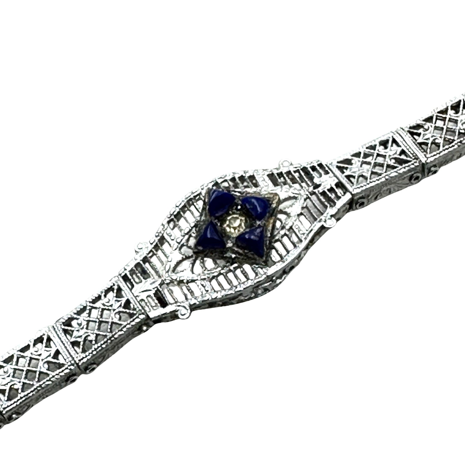 Antique Art Deco Blue Glass Stone Silver Tone Filigree Bracelet 7 Inch Length: Antique Art Deco Blue Glass Stone Silver Tone Filigree Bracelet 7 Inch Length