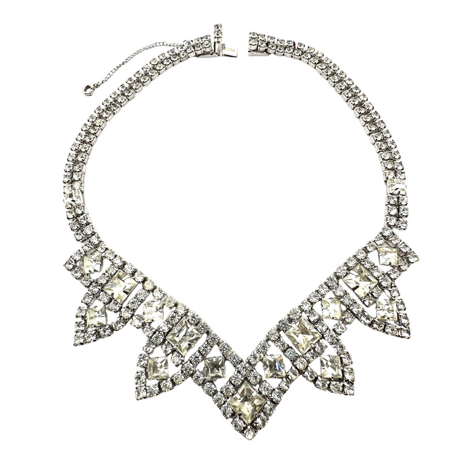 Vintage Clear Glass Rhinestone Silver Tone Necklace 16 Inch Pristine Condition: Vintage Clear Glass Rhinestone Silver Tone Necklace 16 Inch Pristine Condition