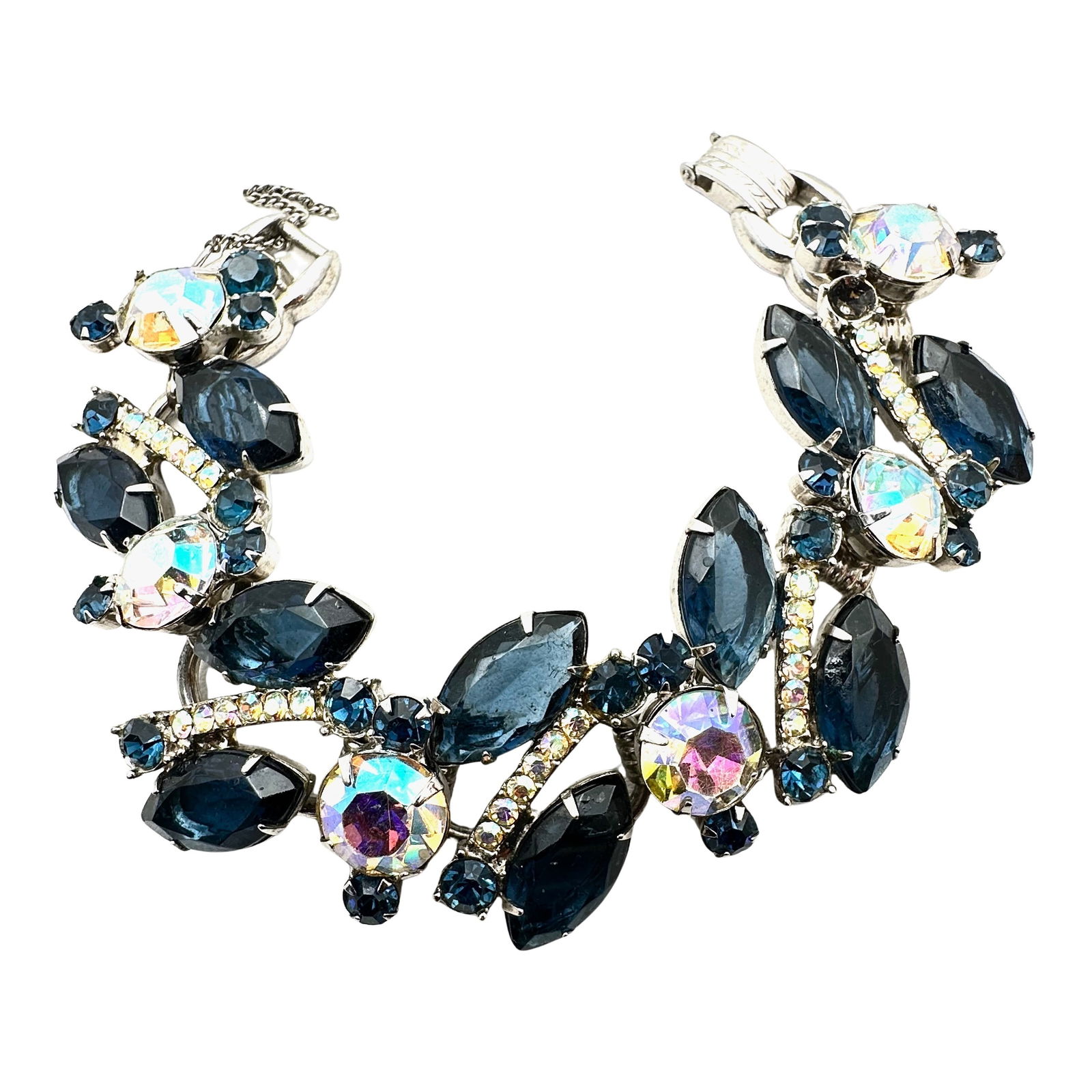 Vintage Juliana Blue Glass Aurora Borealis Rhinestone Silver Tone Five Link Bracelet 7.25 Inch (1 of 2)