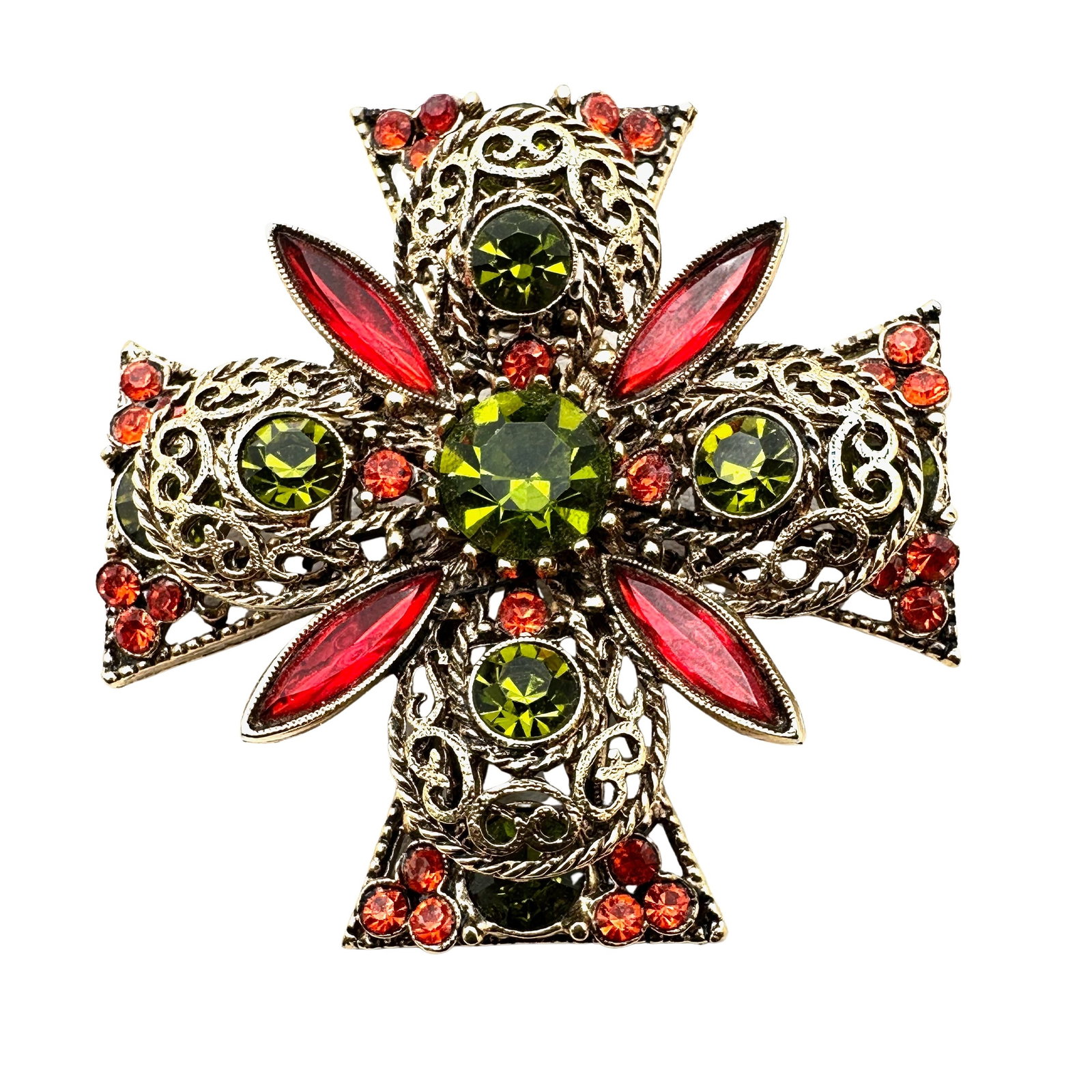 Vintage Orange Green Glass Rhinestone Gold Tone Maltese Cross Brooch Pin 2.5 Inch: Vintage Orange Green Glass Rhinestone Gold Tone Maltese Cross Brooch Pin 2.5 Inch