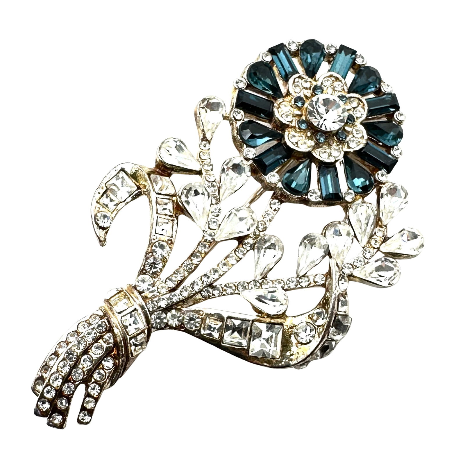 Vintage Eisenberg Ice Blue Clear Glass Rhinestone Silver Tone Flower Brooch Pin 2.5 Inch (1 of 2)