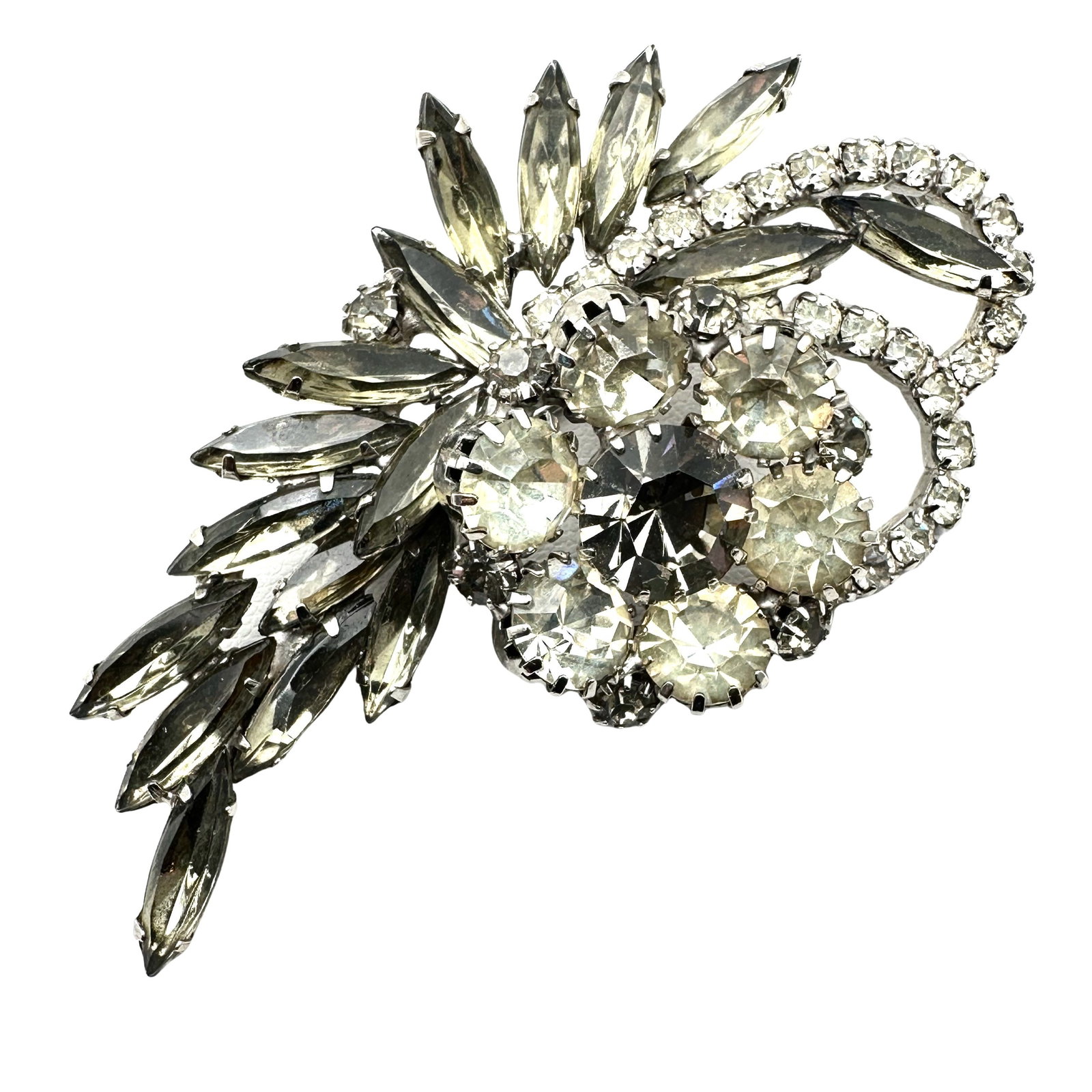 Vintage High End Grey Clear Glass Rhinestone Silver Tone Brooch Pin 3 Inch: Vintage High End Grey Clear Glass Rhinestone Silver Tone Brooch Pin 3 Inch