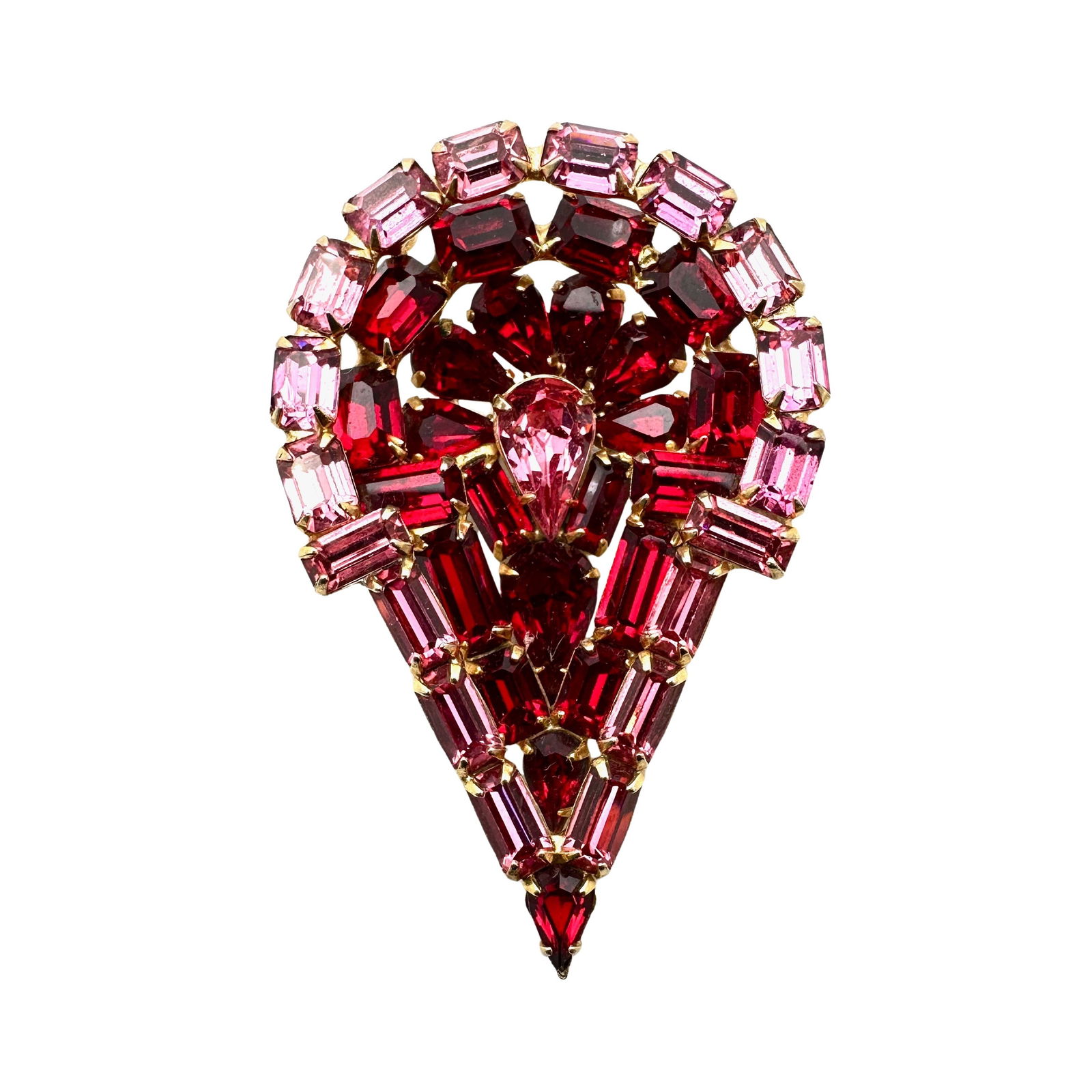 Vintage Unsigned Kramer Pink Red Glass Rhinestone Gold Tone Brooch Pin 2.5 Inch (1 of 2)