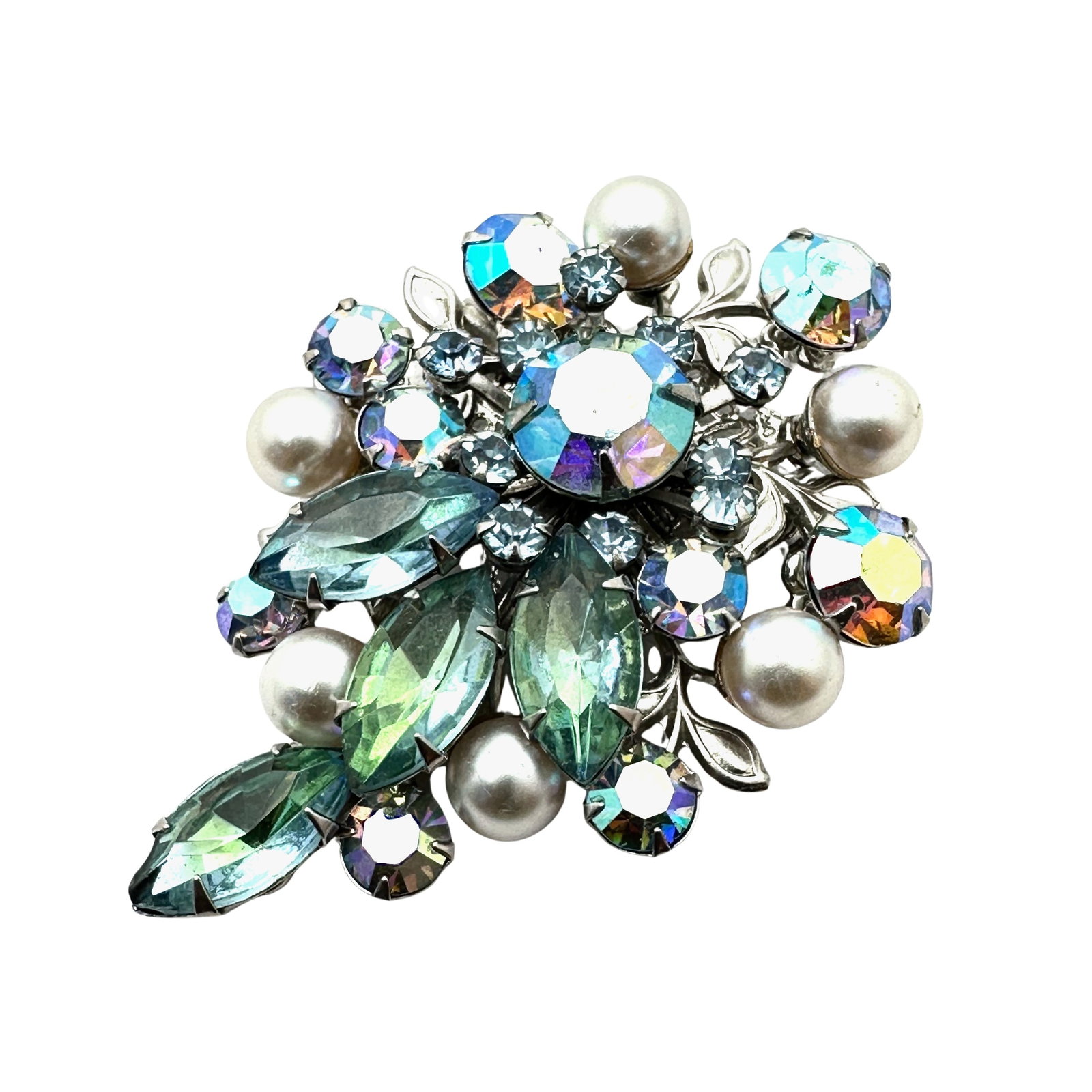 Vintage Blue Green Glass Rhinestone Faux Pearl Silver Tone Brooch Pin Beau Jewels or Judy Lee: Vintage Blue Green Glass Rhinestone Faux Pearl Silver Tone Brooch Pin Beau Jewels or Judy Lee