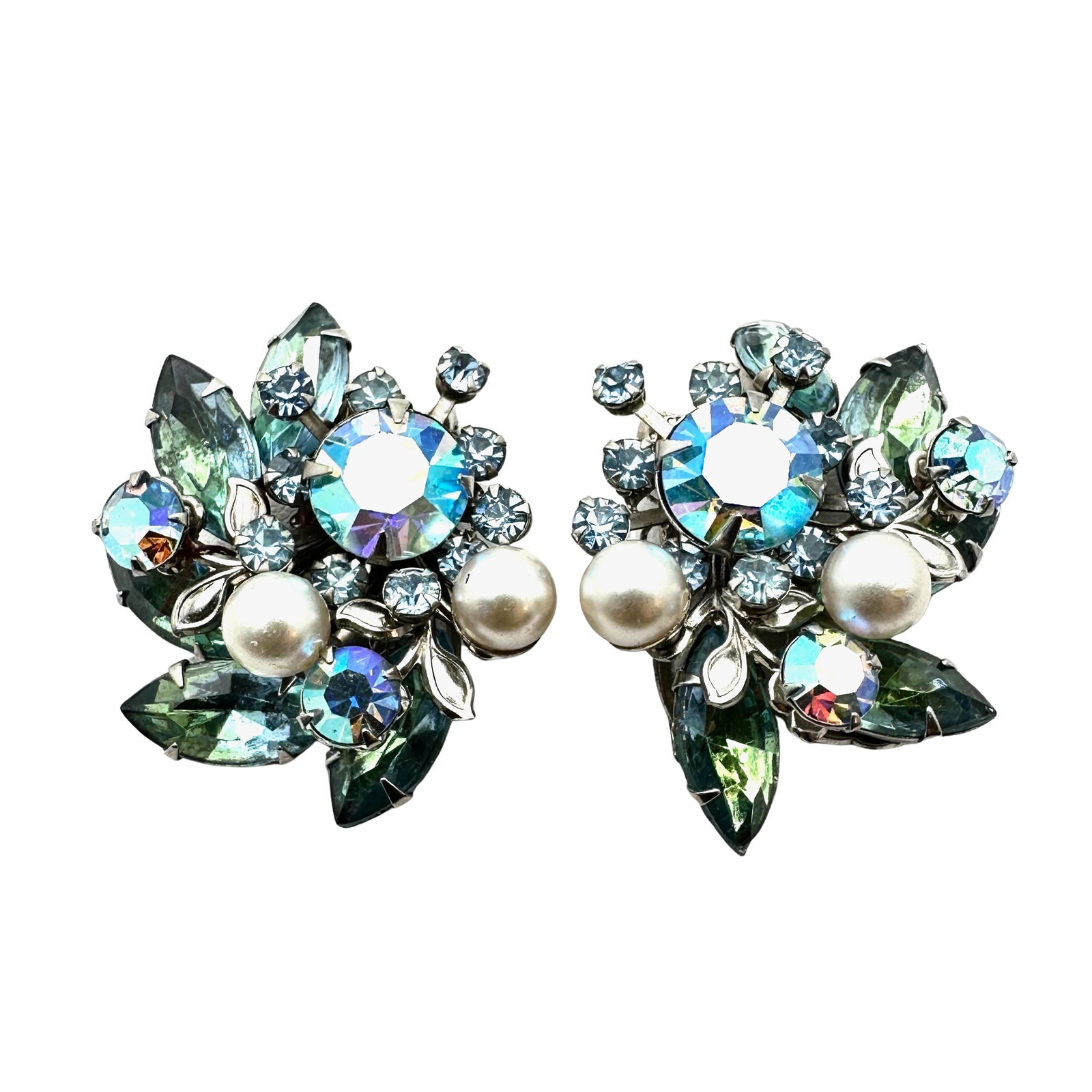 Vintage Blue Green Glass Rhinestone Faux Pearl Silver Tone Clip Earrings 1.25 Inch: Vintage Blue Green Glass Rhinestone Faux Pearl Silver Tone Clip Earrings 1.25 Inch