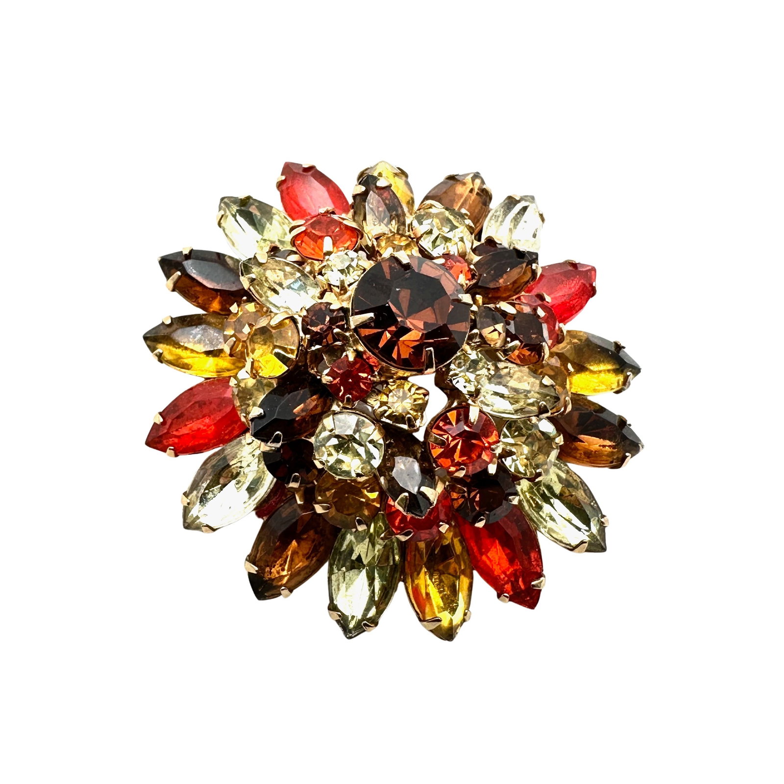 Vintage Juliana Orange Yellow Amber Colored Glass Rhinestone Domed Gold Tone Brooch Pin 2 Inch: Vintage Juliana Orange Yellow Amber Colored Glass Rhinestone Domed Gold Tone Brooch Pin 2 Inch