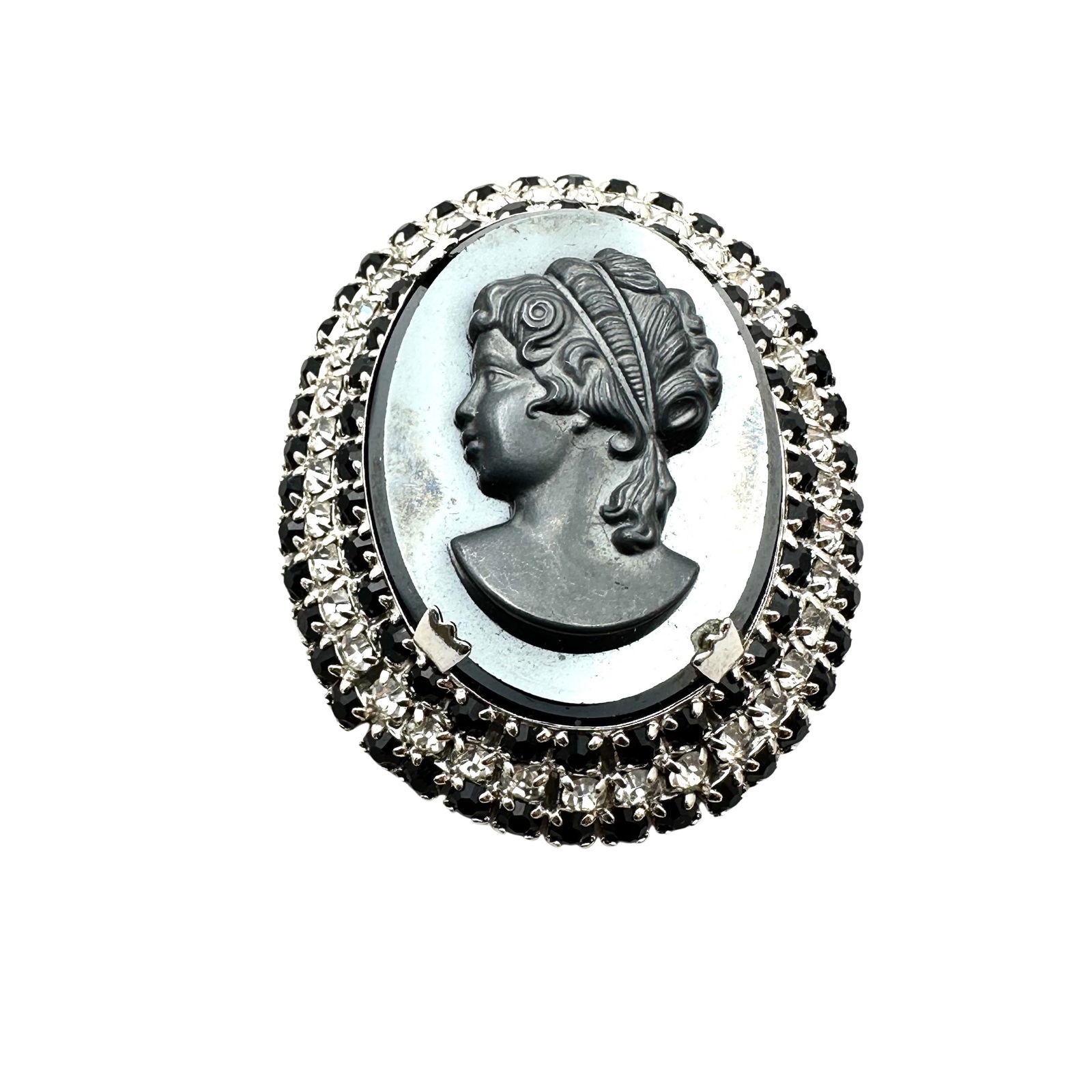 Vintage Juliana Black Cameo Glass Rhinestone Silver Tone Brooch Pin 2 Inch (1 of 2)