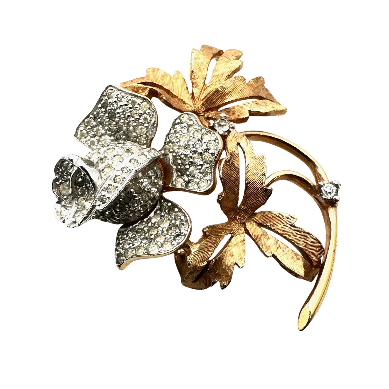 Vintage Clear Rhinestone Gold tone Rose Flower Brooch Pin 2 Inch: Vintage Clear Rhinestone Gold tone Rose Flower Brooch Pin 2 Inch