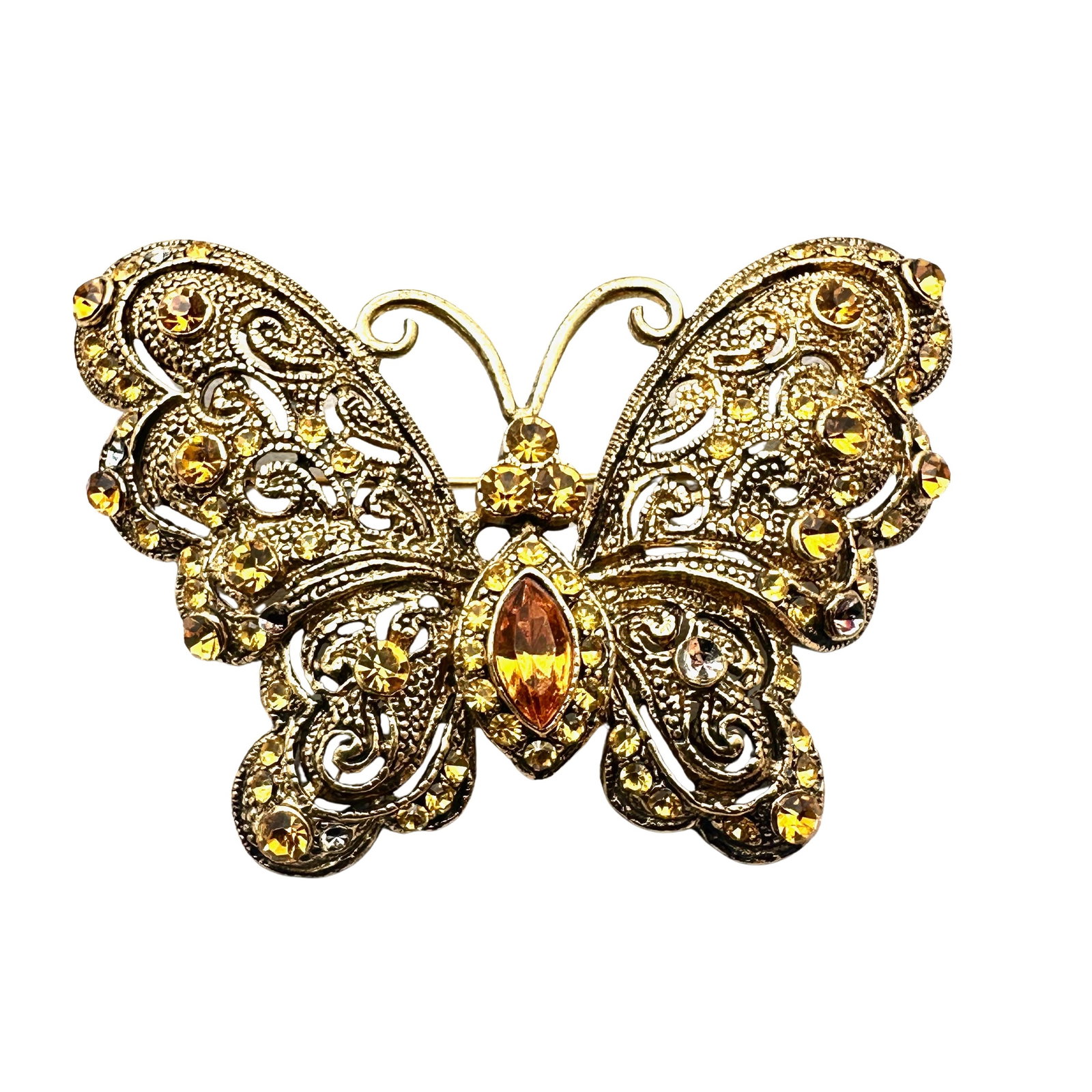 Vintage Amber Colored Glass Rhinestone Gold Tone Butterfly Brooch Pin 2.5 Inch: Vintage Amber Colored Glass Rhinestone Gold Tone Butterfly Brooch Pin 2.5 Inch