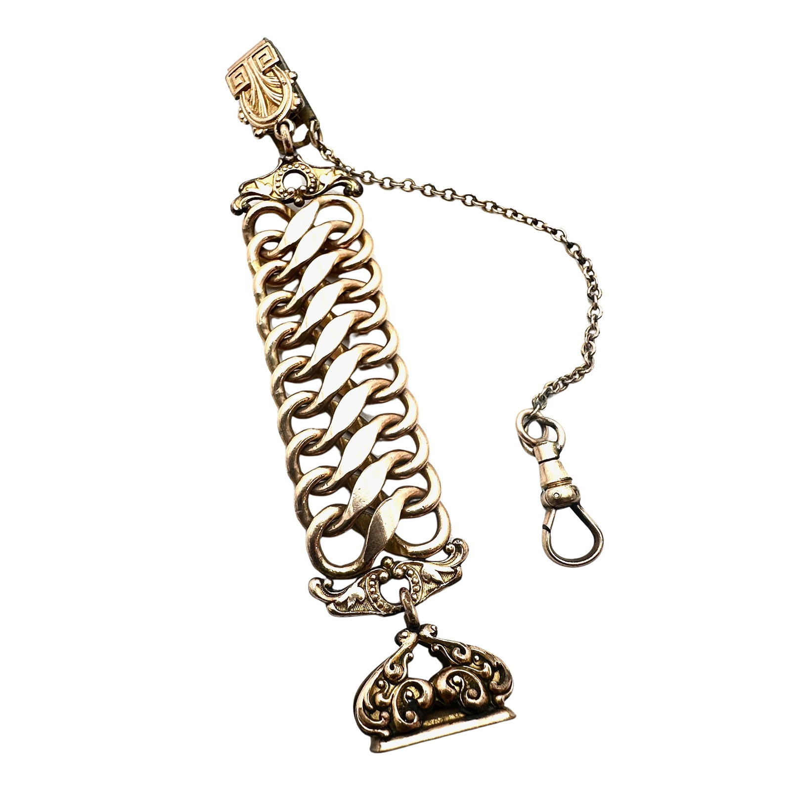 Antique Victorian Gold Filled Ornate Pocket Watch Chain with Fob 4.5 Inch (1 of 2)