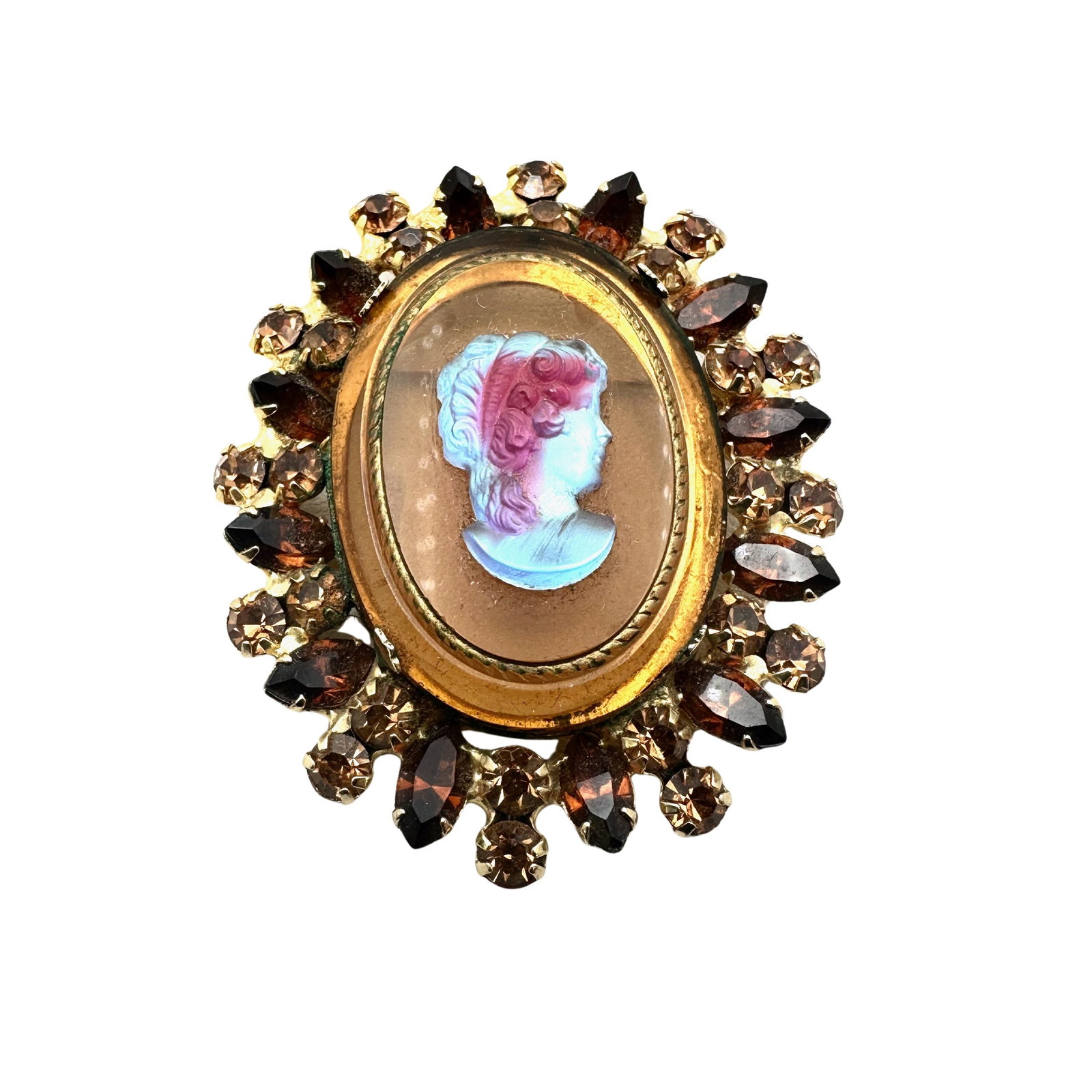 Vintage Juliana Portrait Cameo Amber Glass Rhinestone Brooch Pin 2.5 Inch: Vintage Juliana Portrait Cameo Amber Glass Rhinestone Brooch Pin 2.5 Inch