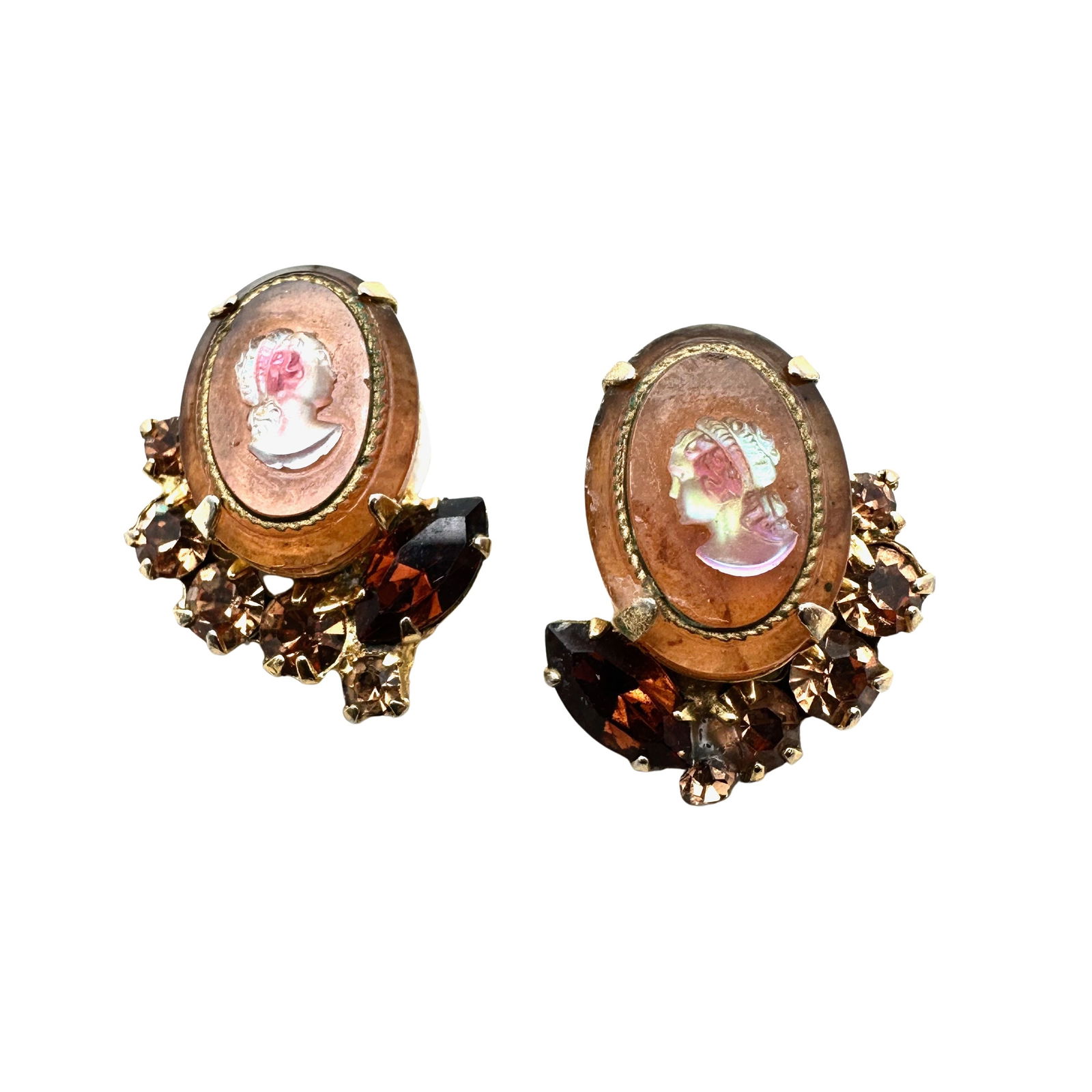 Vintage Juliana Portrait Cameo Amber Glass Rhinestone Clip Earrings Appear to Have New Clips (1 of 2)