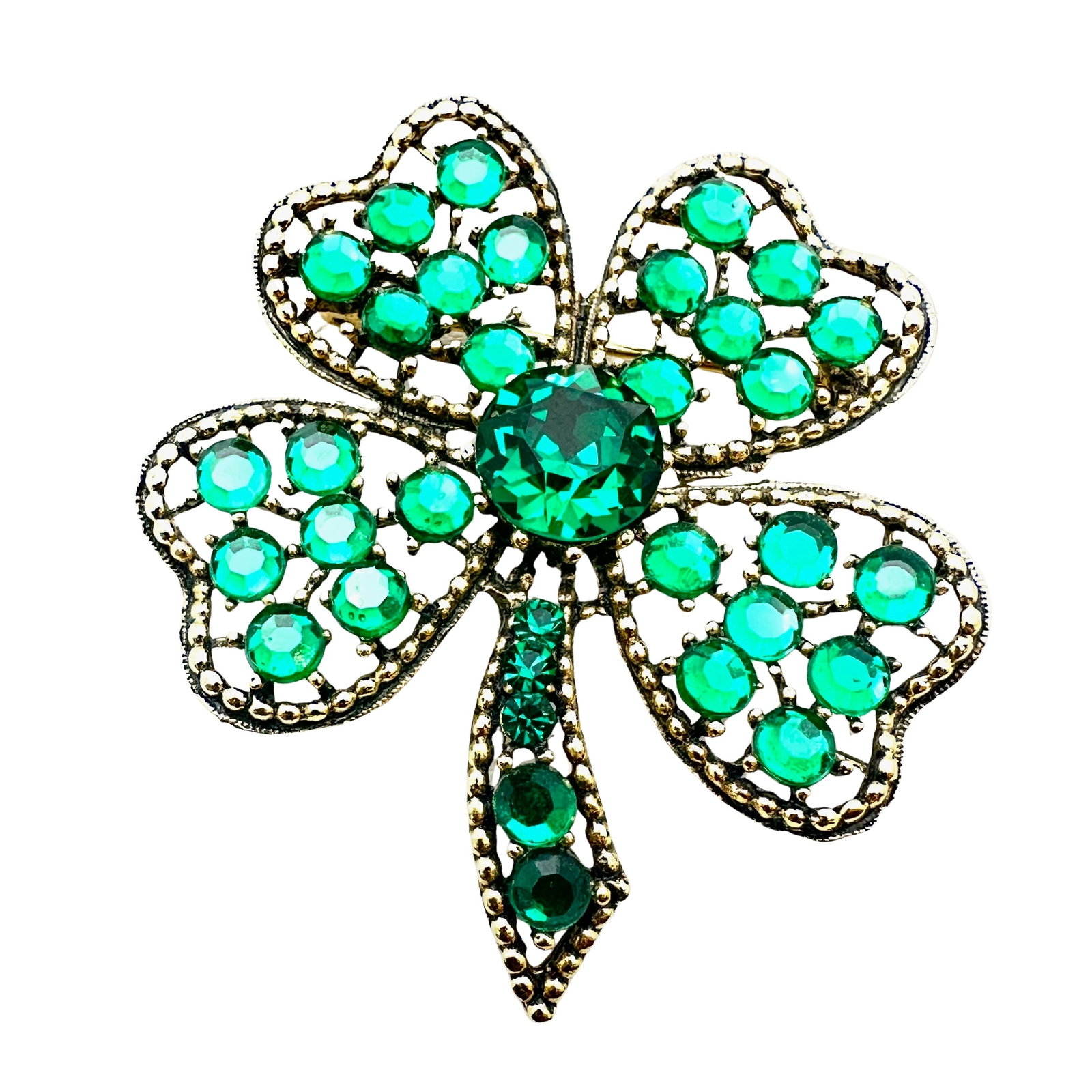 Vintage Weiss Green Rhinestone Four Leaf Clover Gold Tone Brooch Pin 2.25 Inch: Vintage Weiss Green Rhinestone Four Leaf Clover Gold Tone Brooch Pin 2.25 Inch