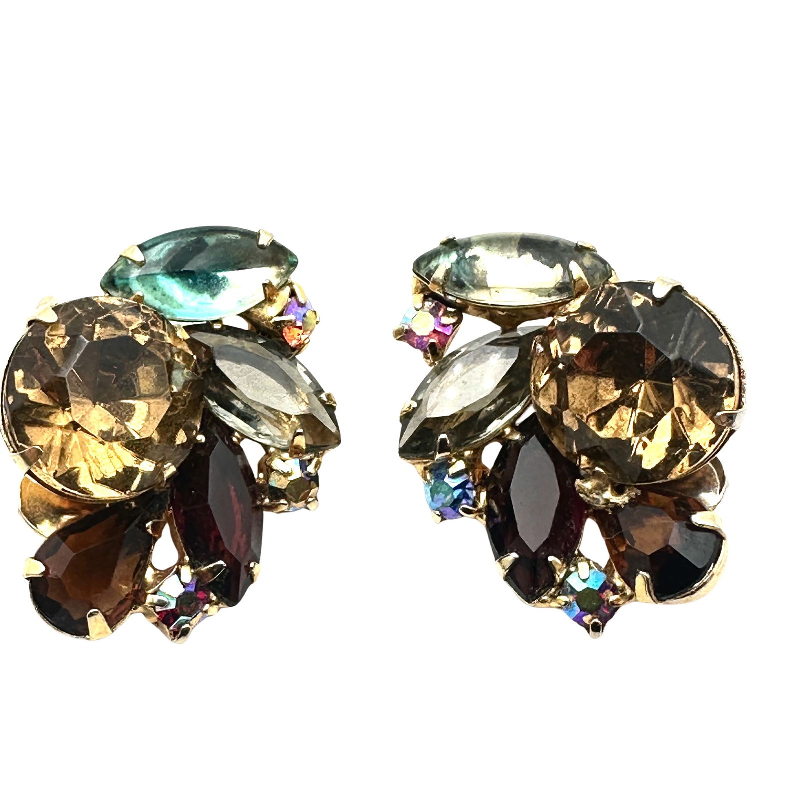 Vintage Juliana Amber Colored Glass Rhinestone Gold Tone Clip Earrings 1.25 Inch (1 of 2)