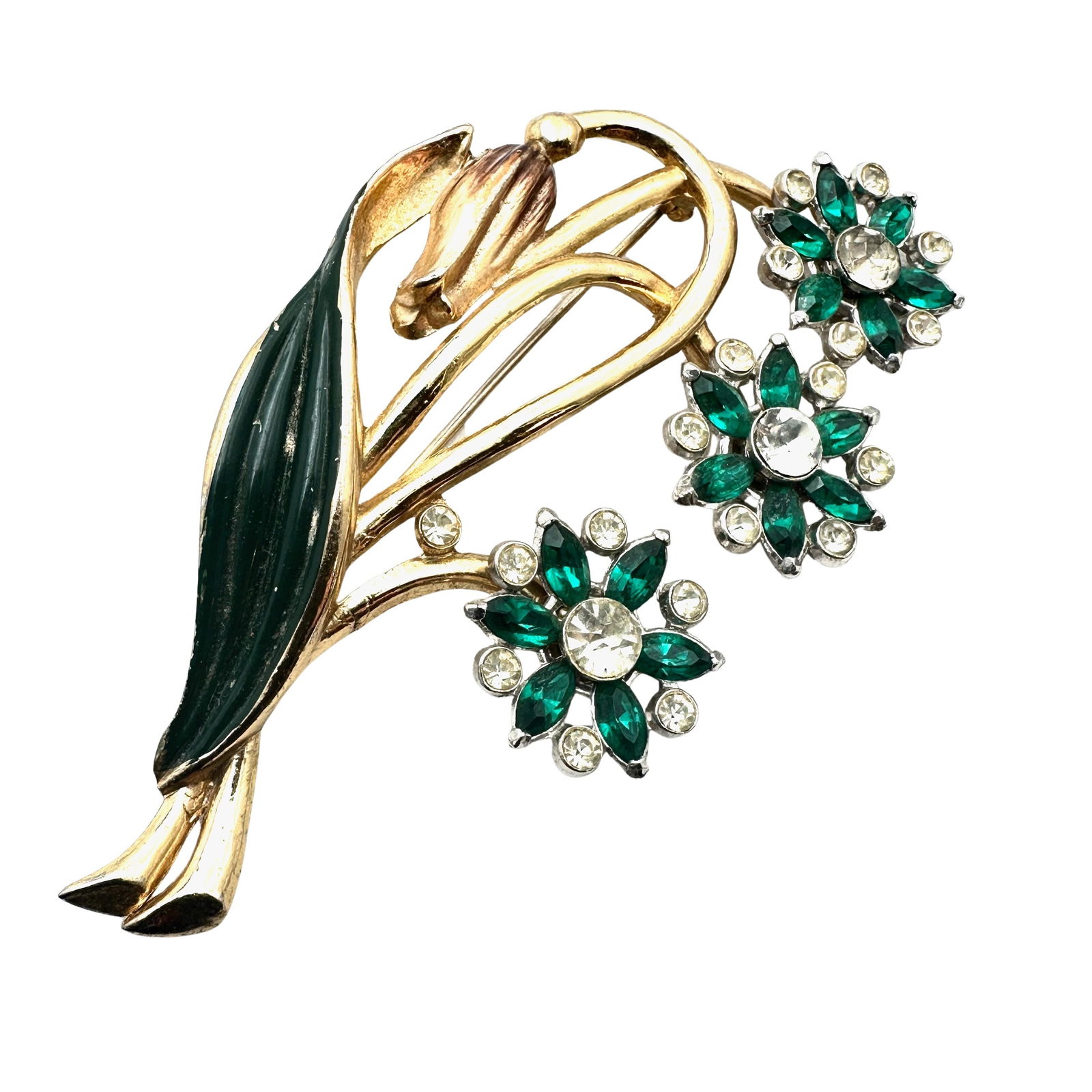 Antique Vintage Coro 1940s Era Enamel Green Rhinestone Pot Metal Flower Brooch 4 Inch Large (1 of 3)