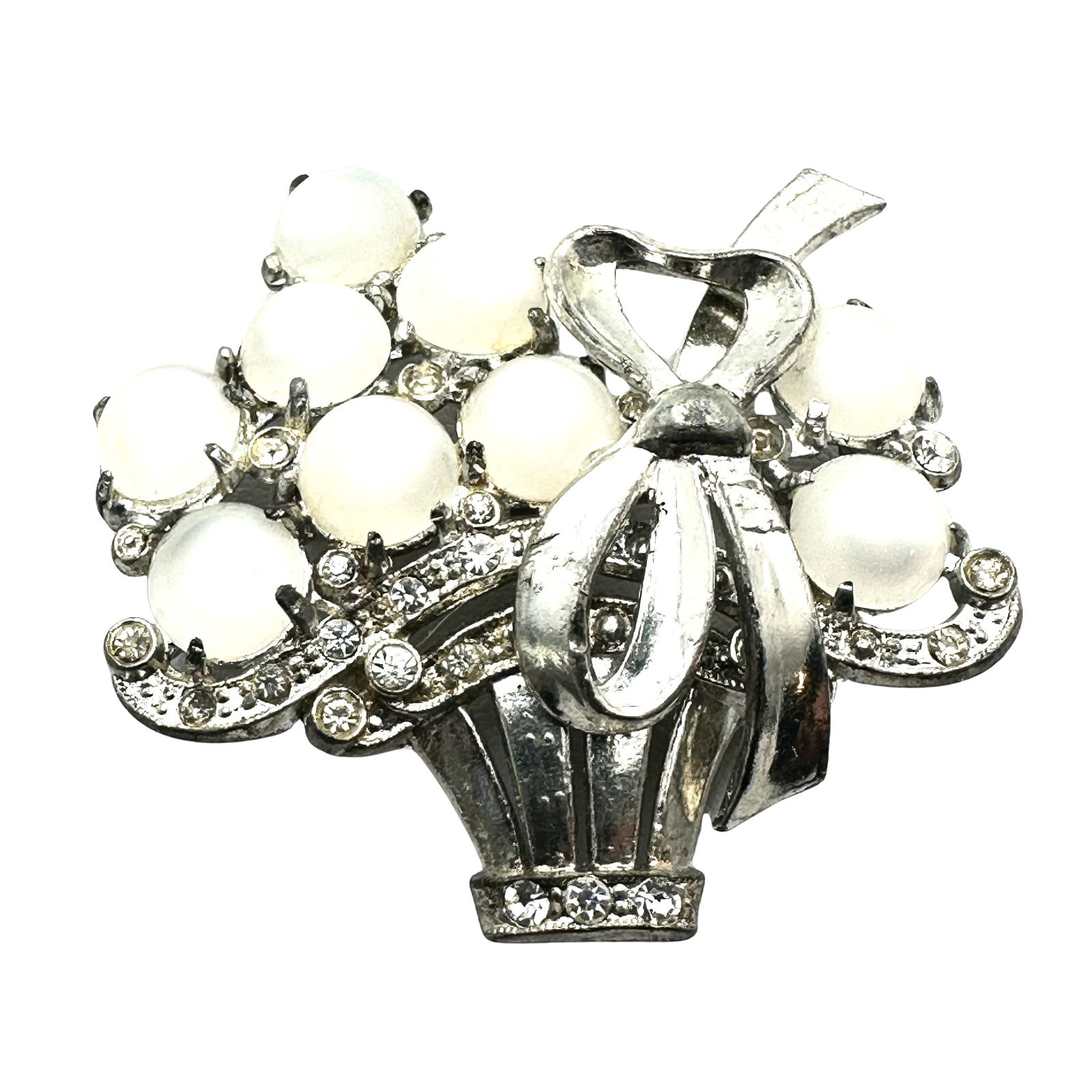 Antique Vintage 1940s Era Lucite & Glass Rhinestone Pot Metal Flower Basket Brooch 2 Inch (1 of 2)