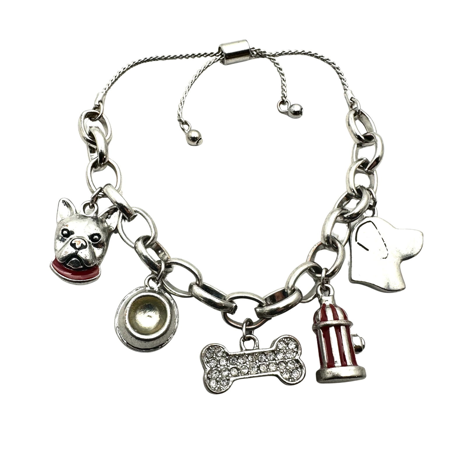 Dog Charm Bracelet Silver Tone Adjustable Size Clear Crystals Red Enamel (1 of 3)