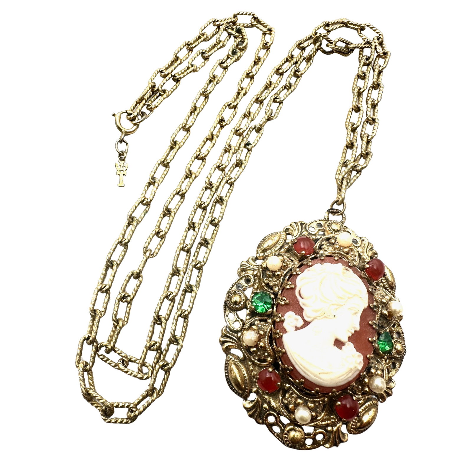 Vintage West Germany Cameo Rhinestone Gold Tone Filigree Pendant Necklace 28 Inch Chain: Vintage West Germany Cameo Rhinestone Gold Tone Filigree Pendant Necklace 28 Inch Chain