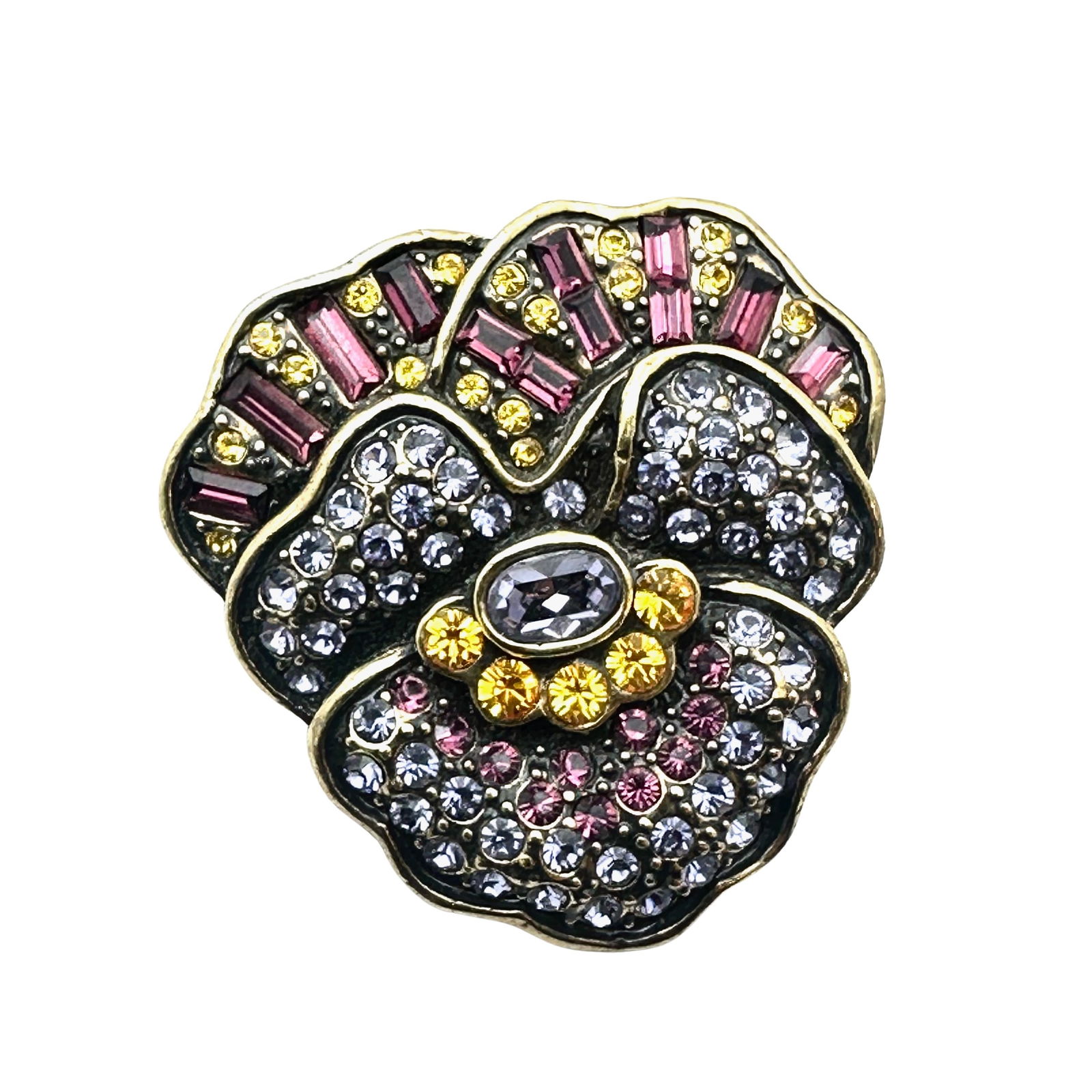 Vintage Heidi Daus Pink Purple Yellow Crystal Antiqued Gold Tone Flower Brooch Pin 1.5 Inch (1 of 2)