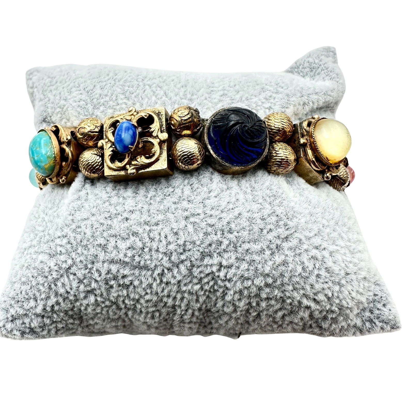 Vintage Reinad Charm Slide Bracelet Gold Tone Multicolor Glass Cabochons (1 of 5)