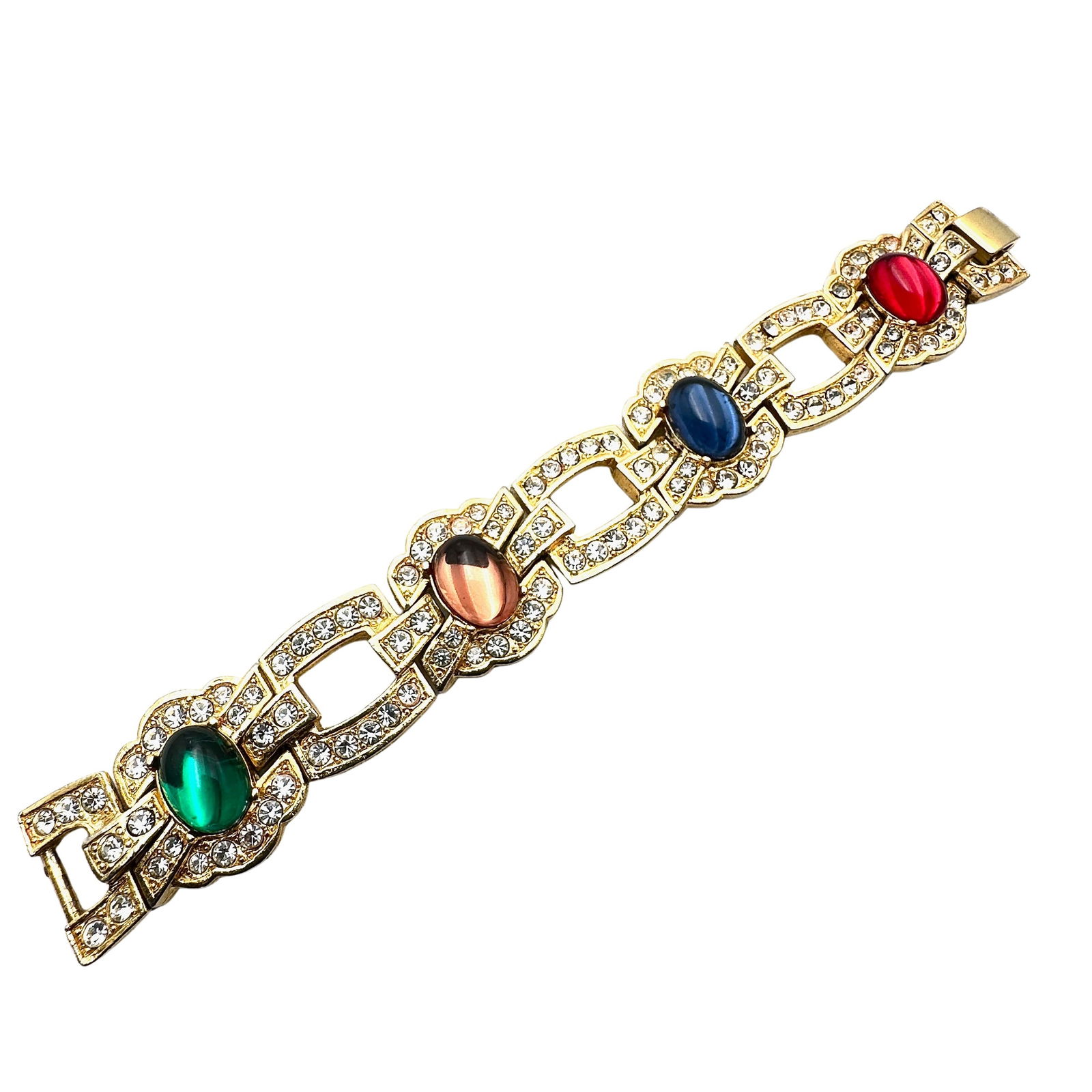 Vintage Jewel Tone Glass Cabochon Gold Tone Bracelet 7 Inch: Vintage Jewel Tone Glass Cabochon Gold Tone Bracelet 7 Inch