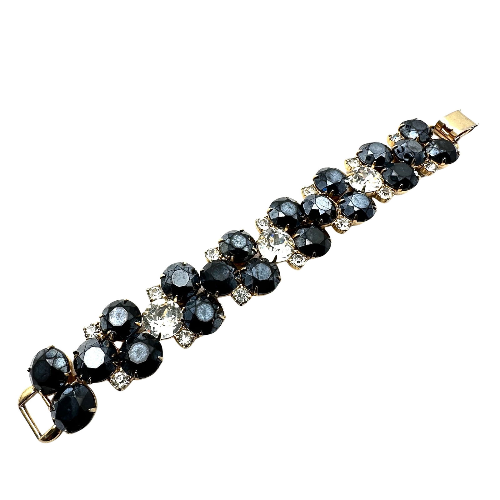 Vintage Hobe' Black & Clear Glass Rhinestone Gold Tone Bracelet 6.5 Inch (1 of 4)