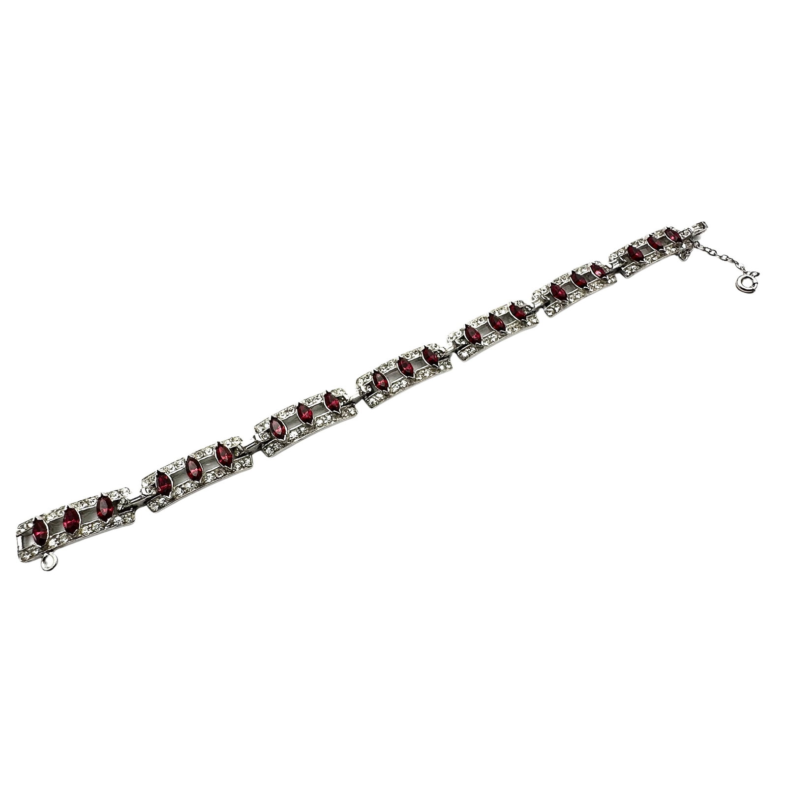 Vintage Antique Art Deco Red Clear Glass Rhinestone Rhodium Plated Silver Pot Metal Bracelet 7 Inch: Vintage Antique Art Deco Red Clear Glass Rhinestone Rhodium Plated Silver Pot Metal Bracelet 7 Inch