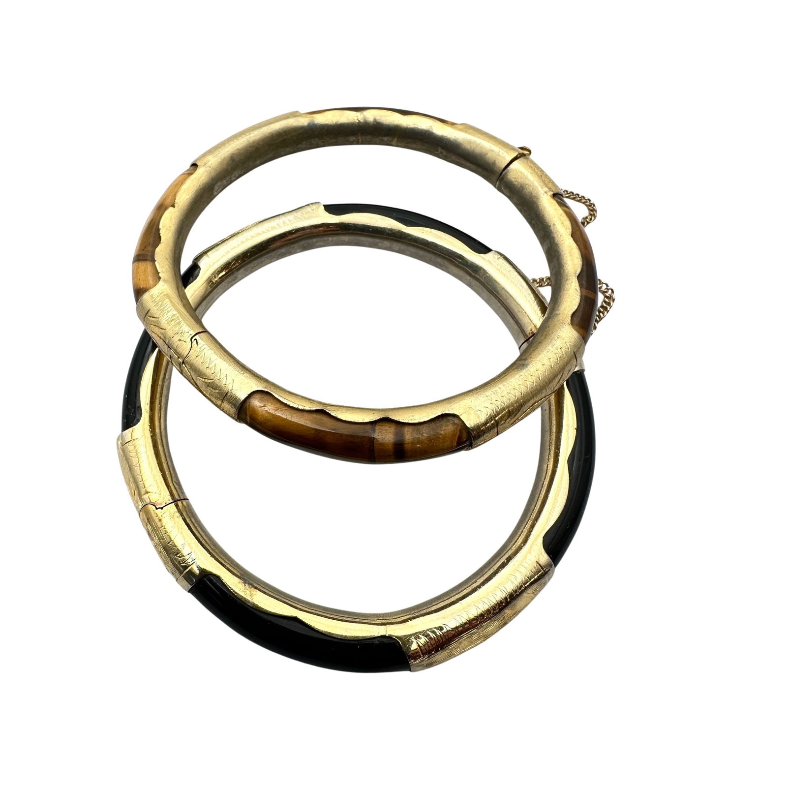 Vintage Jewelry Group Lot of 2 Gold Plated Black Onyx & Tiger Eye Gemstone Bracelets 7 Inch (1 of 2)