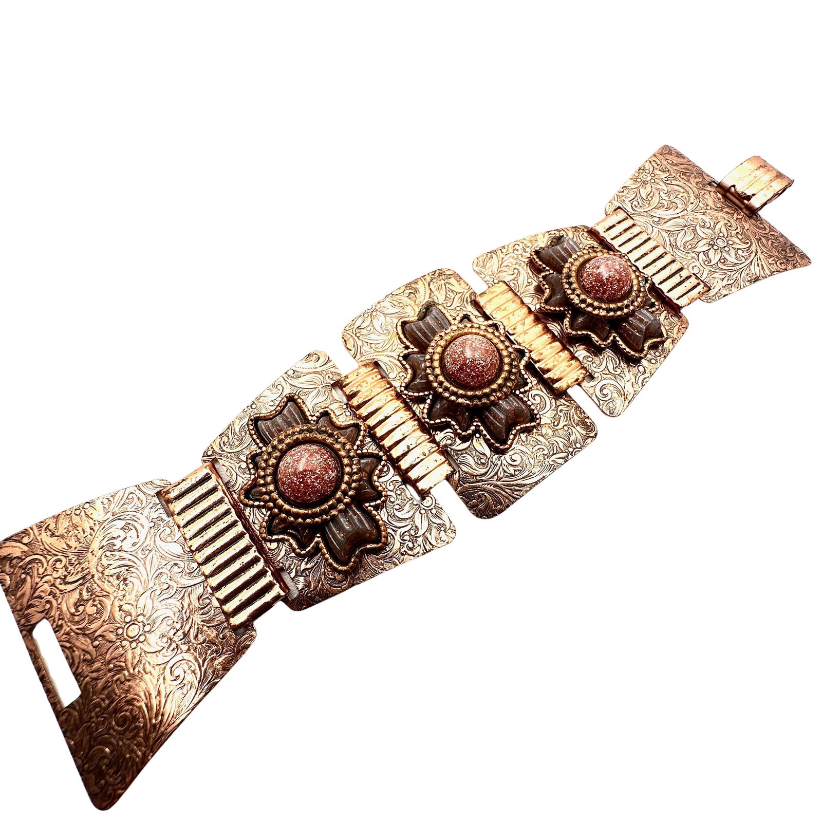 Vintage Copper Wide Bracelet Lucite Stones 7.5 Inch (1 of 2)