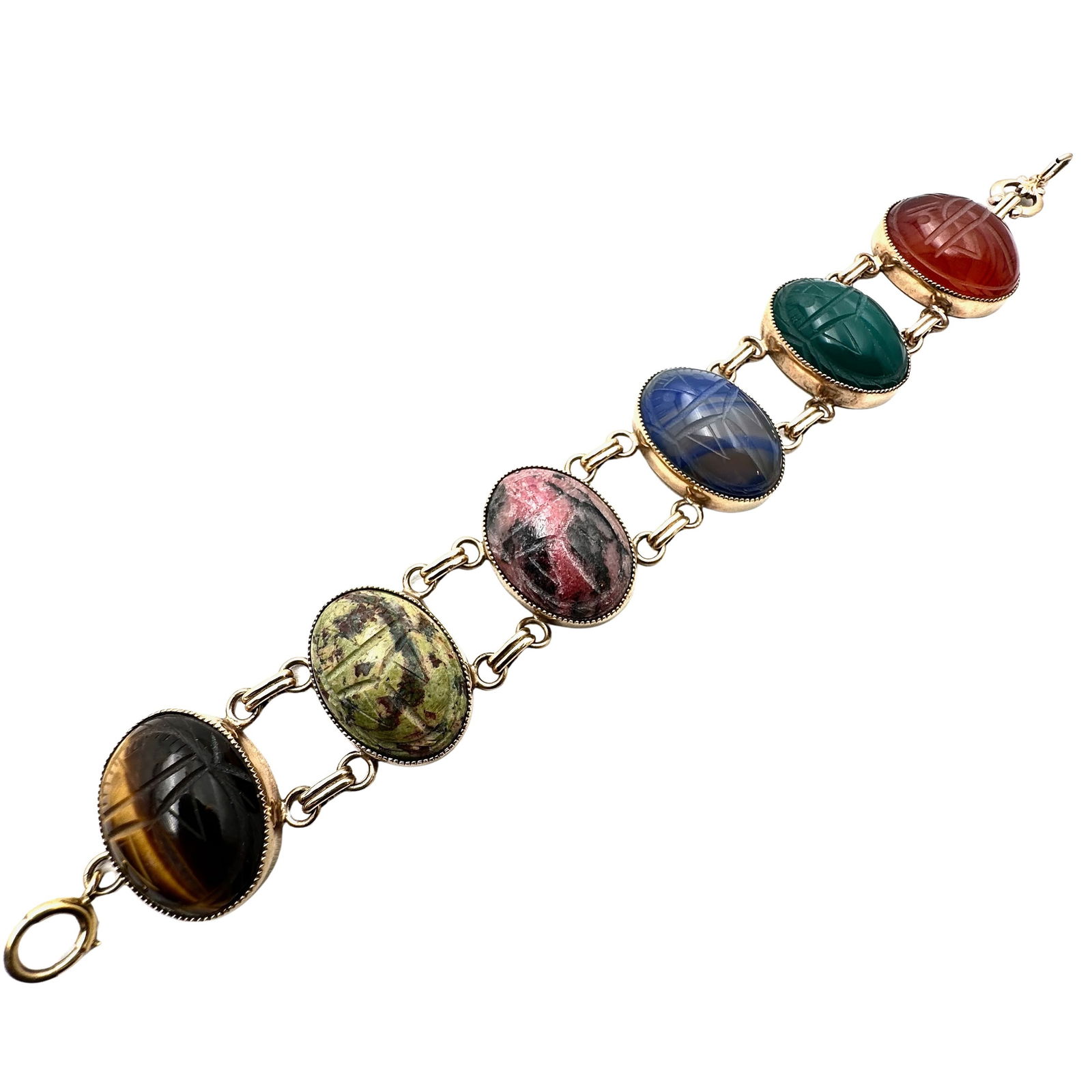 Vintage Large Carved Gemstone Scarab Gold Filled Bracelet 7.75 Inch Each Scarab 1 Inch (1 of 2)