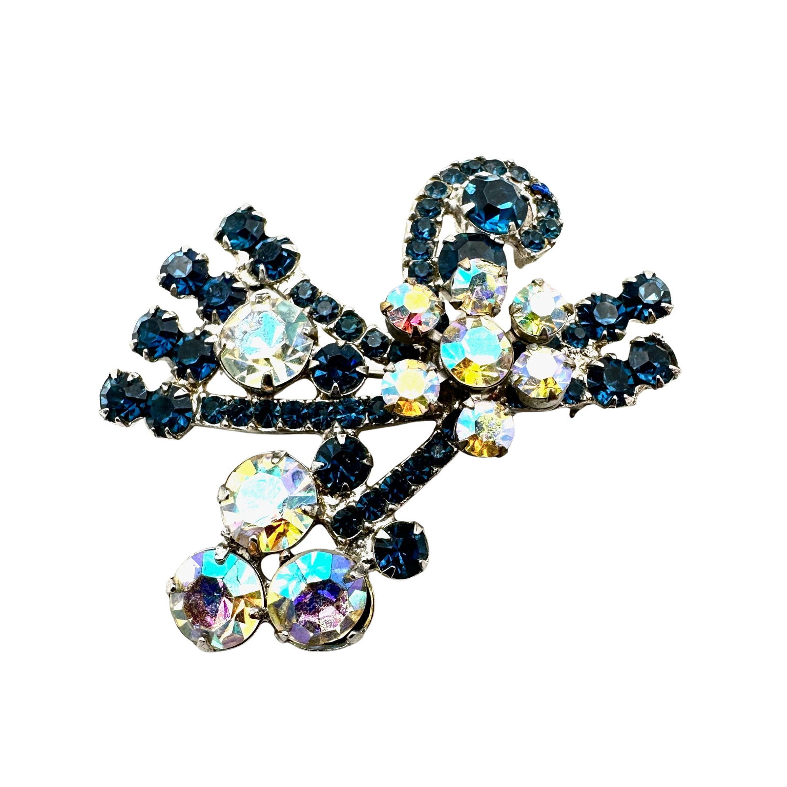 Vintage Juliana Blue Aurora Borealis Glass Rhinestone Silver Tone Brooch Pin 2 Inch (1 of 2)