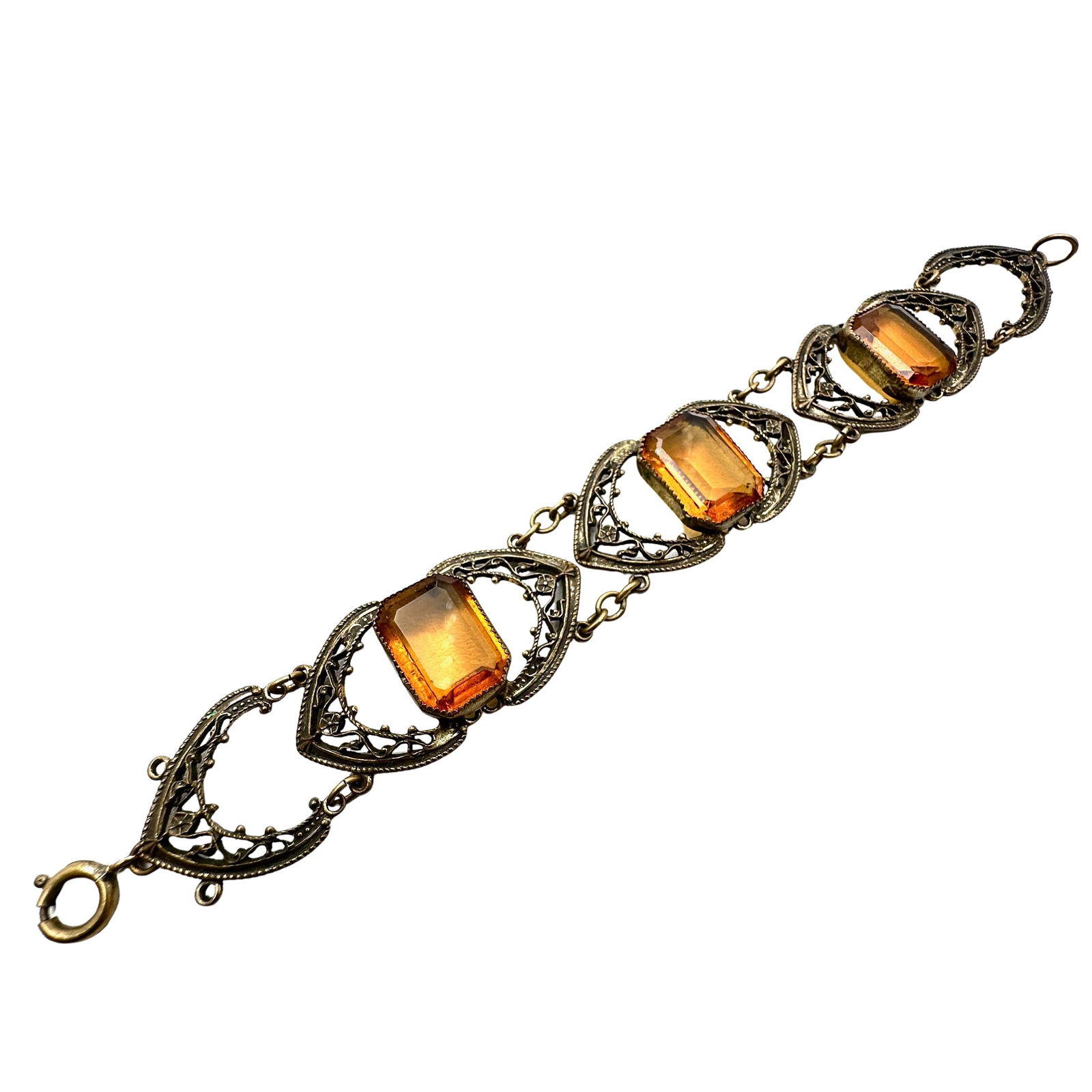 Vintage Amber Colored Czech Glass Gold Tone Filigree Bracelet 7 Inch: Vintage Amber Colored Czech Glass Gold Tone Filigree Bracelet 7 Inch