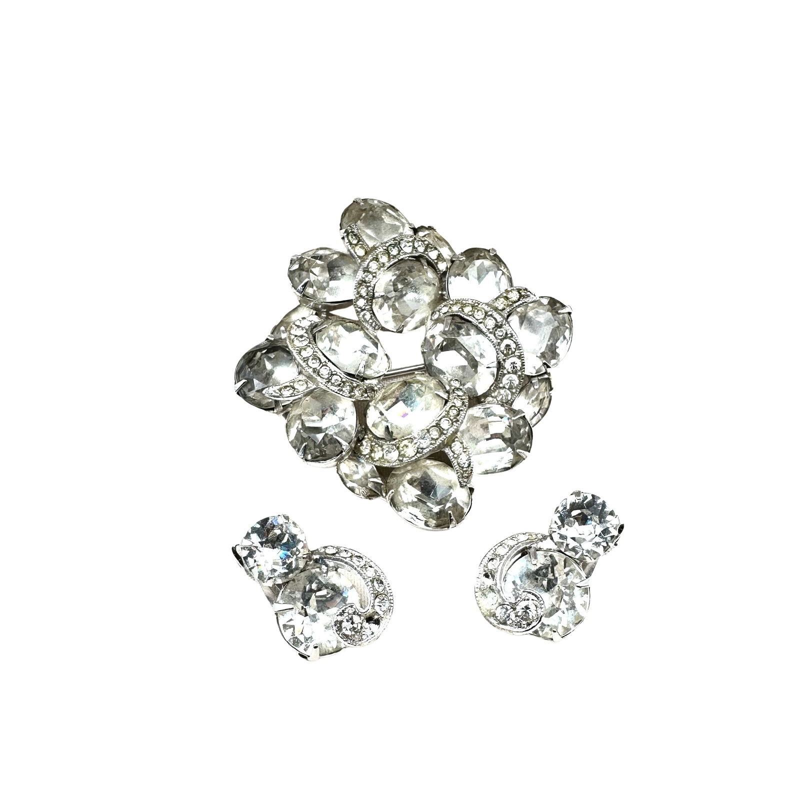 Vintage Eisenberg Clear Rhinestone Brooch Pin Clip Earrings Set Blue Velvet Box Included (1 of 3)