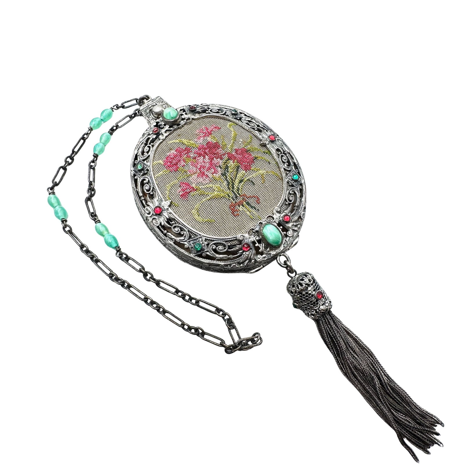 Rare Antique 1800’s Needlepoint French Purse Pink Flowers Jeweled Frame (1 of 5)