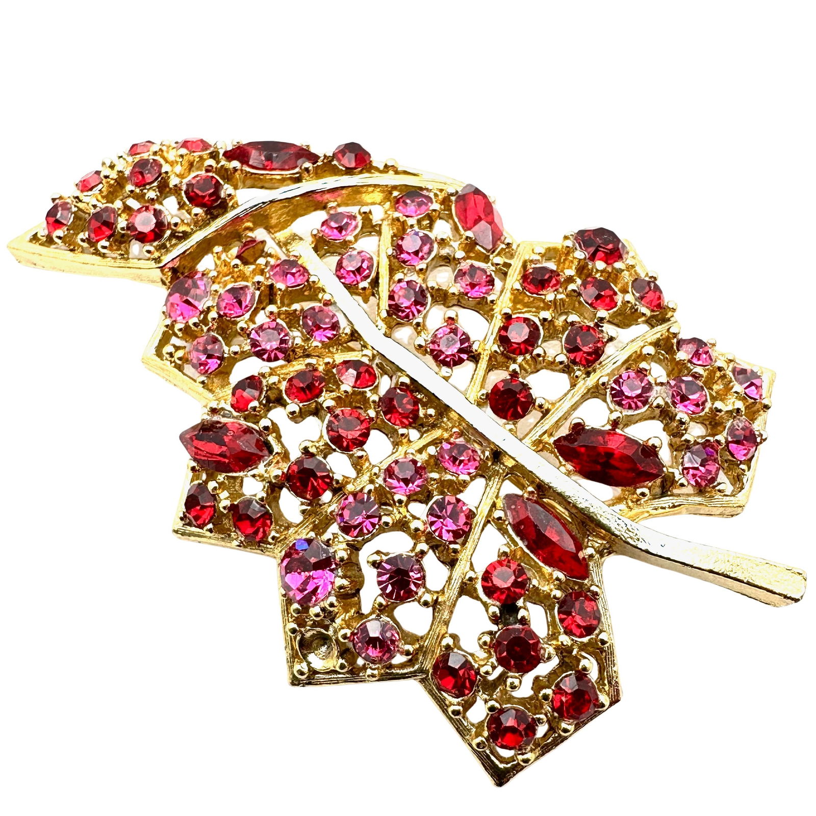 Vintage Pink Red Glass Rhinestone Gold Tone Leaf Design Brooch Pin 3 Inch (1 of 2)