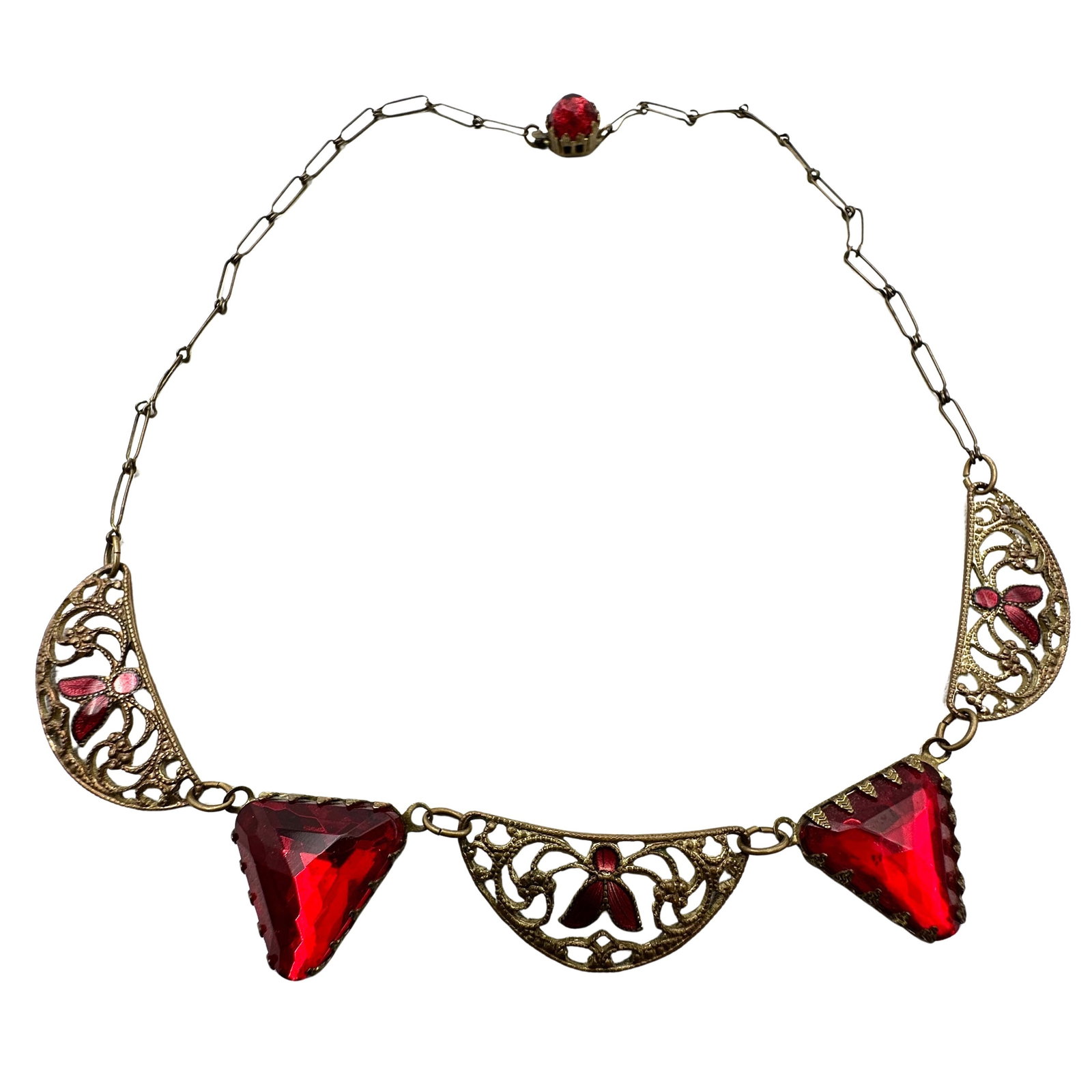 Antique Art Deco Red Czech Glass & Enamel Antiqued Gold Tone Necklace 16 Inch: Antique Art Deco Red Czech Glass & Enamel Antiqued Gold Tone Necklace 16 Inch