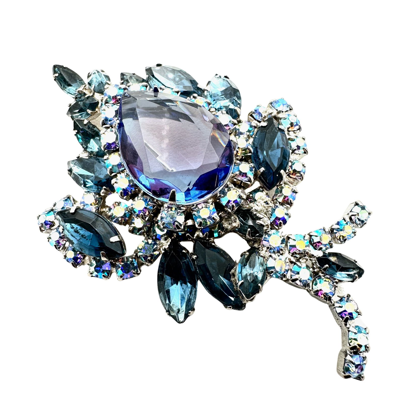 Vintage Juliana Blue Aurora Borealis Glass Rhinestone Silver Tone Brooch Pin 3.5 Inch (1 of 2)