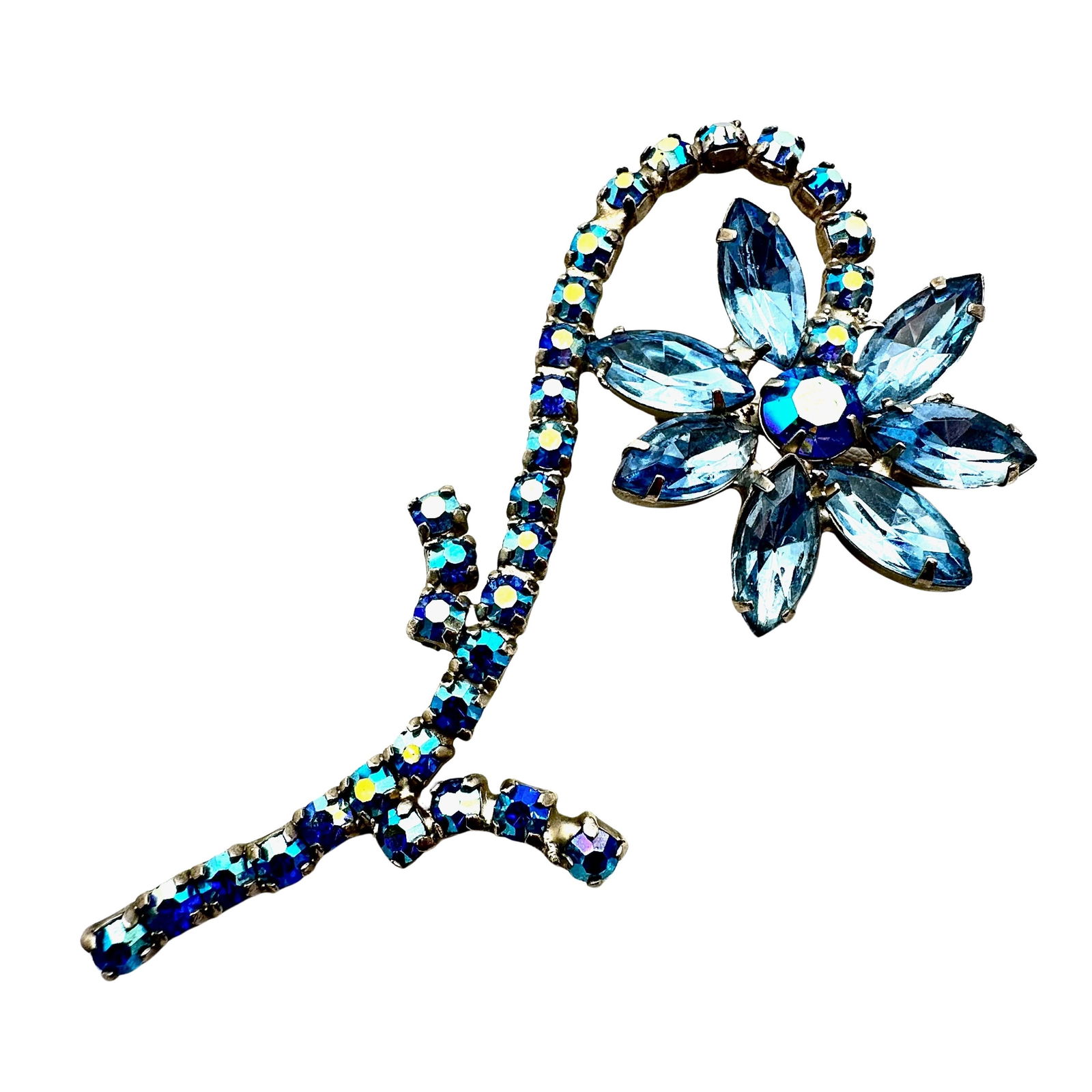 Vintage Light Blue Glass Rhinestone Silver Tone Flower Brooch Pin 3.5 Inch (1 of 2)